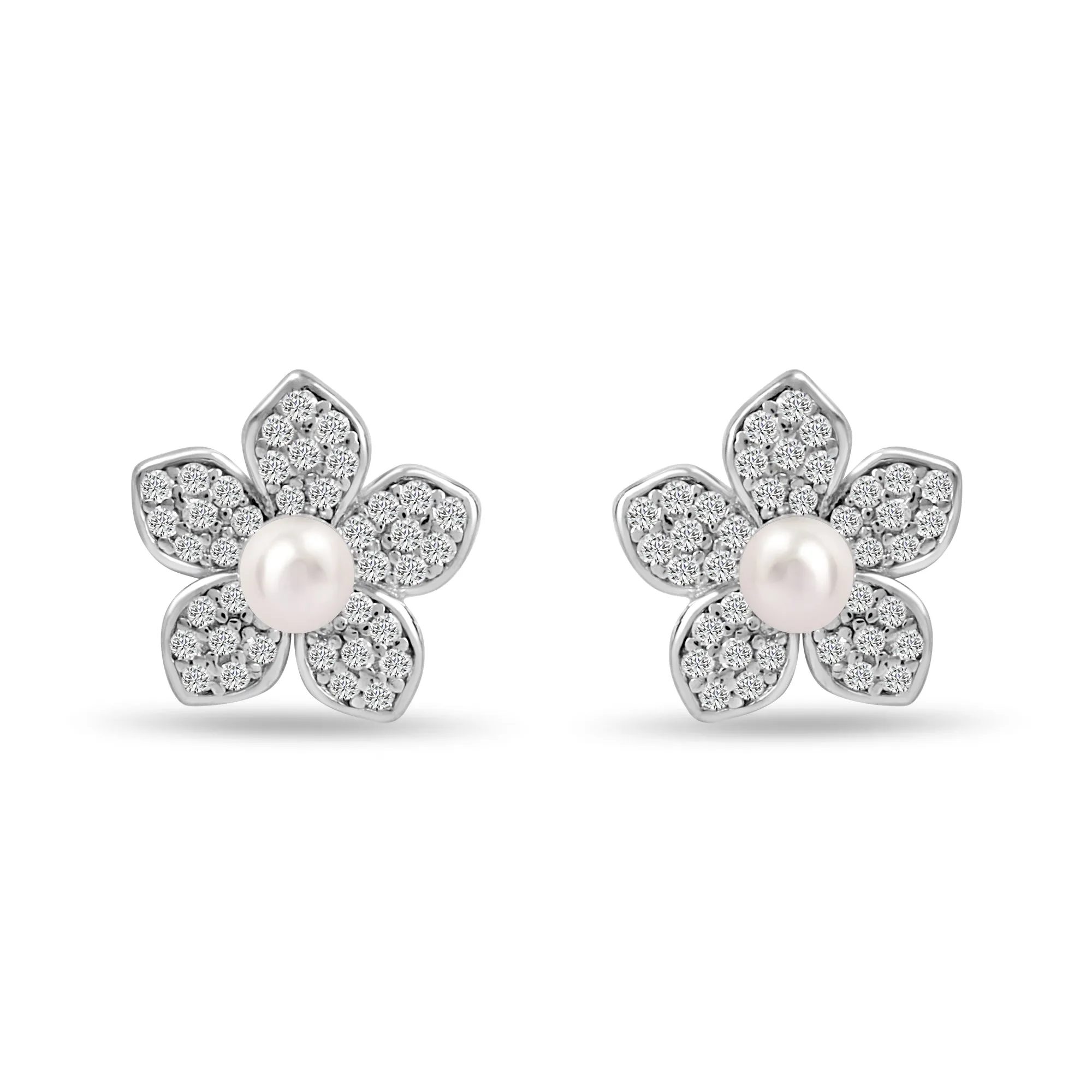 Floral Pearl CZ Rhodium Plated 925 Sterling Silver Stud Earring