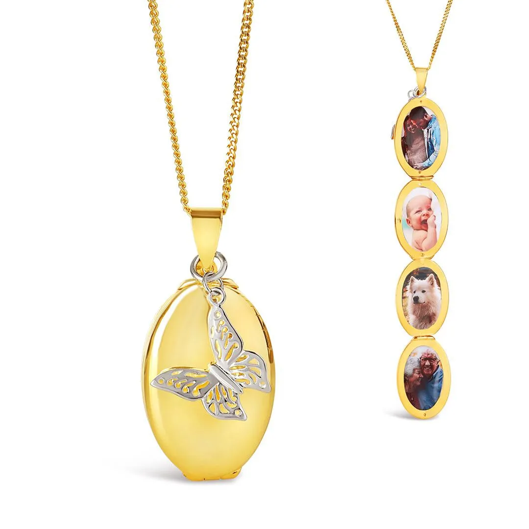 Four Photo Oval Butterfly Locket | Gold