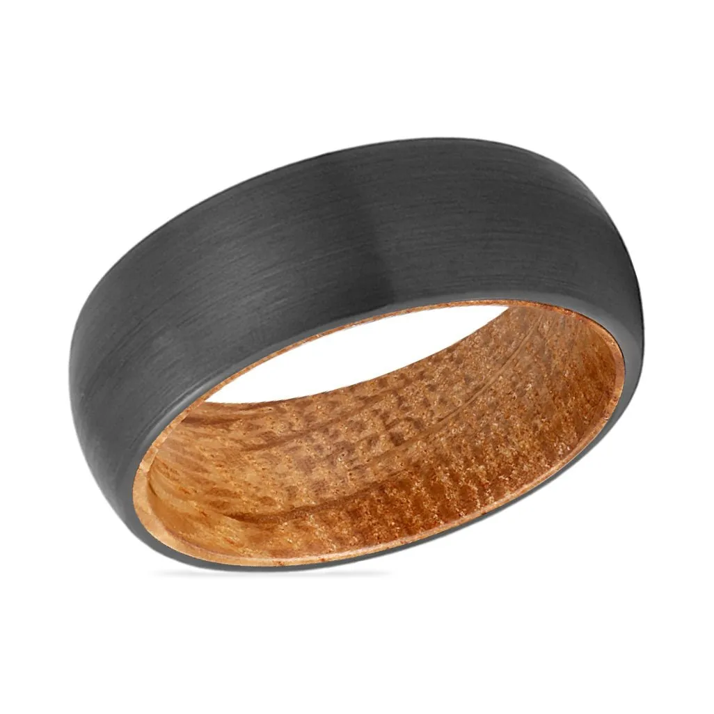 FRASER | Whiskey Barrel Wood, Black Tungsten Ring, Brushed, Domed