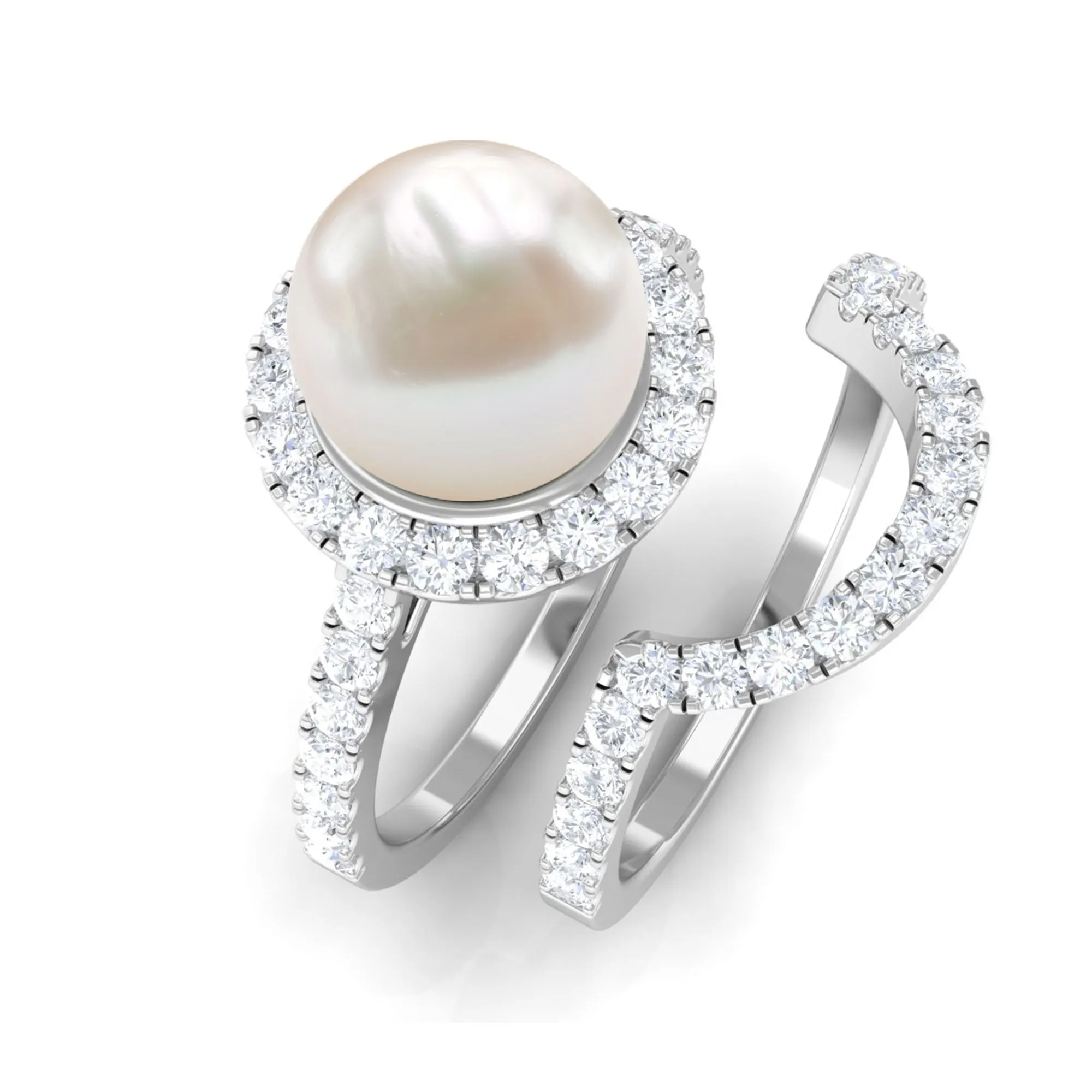 Freshwater Pearl and Diamond Halo Wedding Ring Set