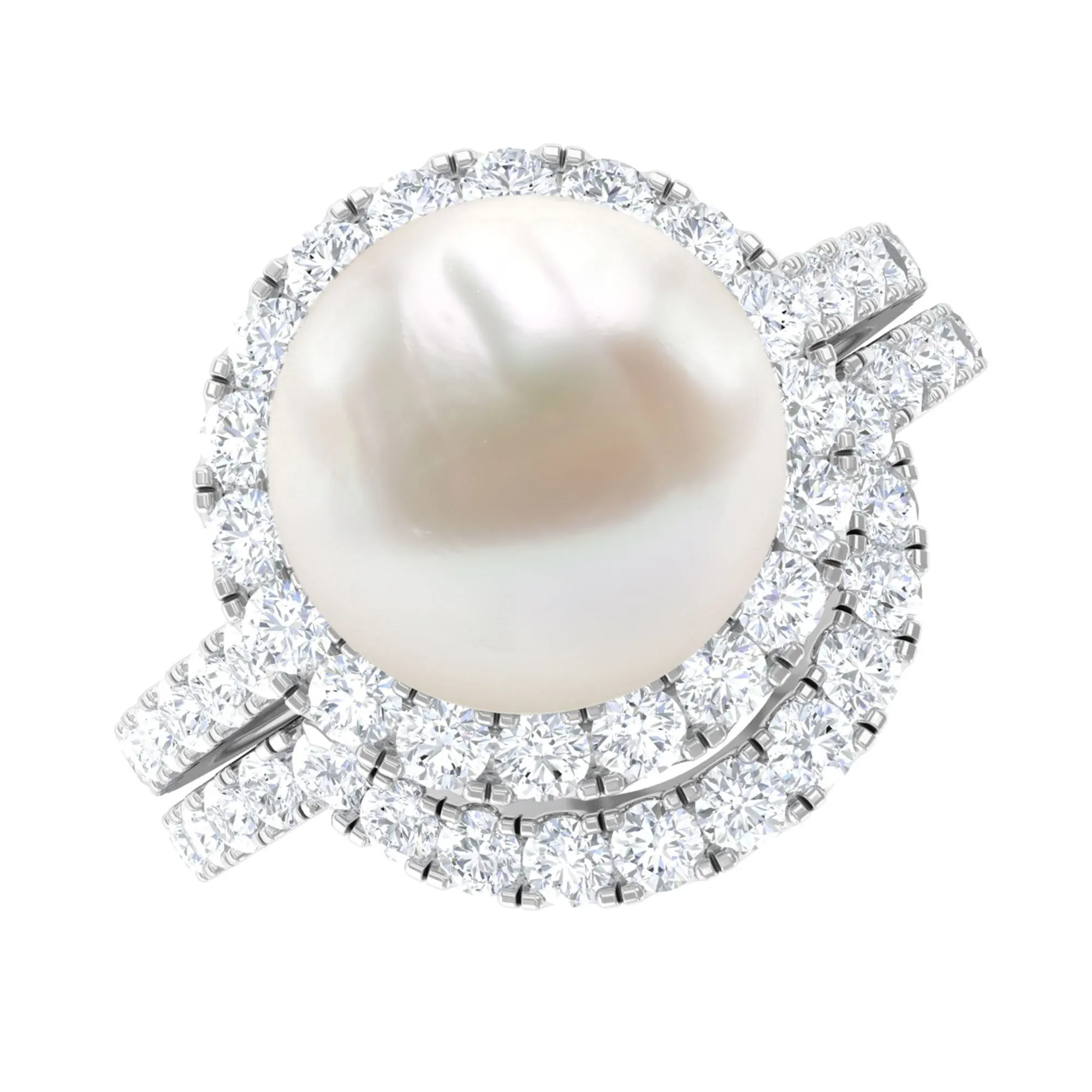 Freshwater Pearl and Diamond Halo Wedding Ring Set