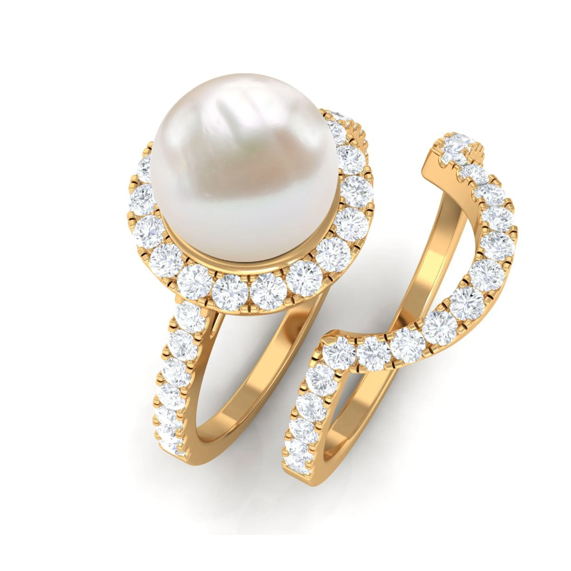 Freshwater Pearl and Diamond Halo Wedding Ring Set