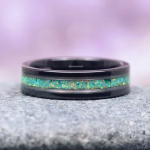 Galaxy Green Fire Opal Wedding Band- 6MM Black Tungsten