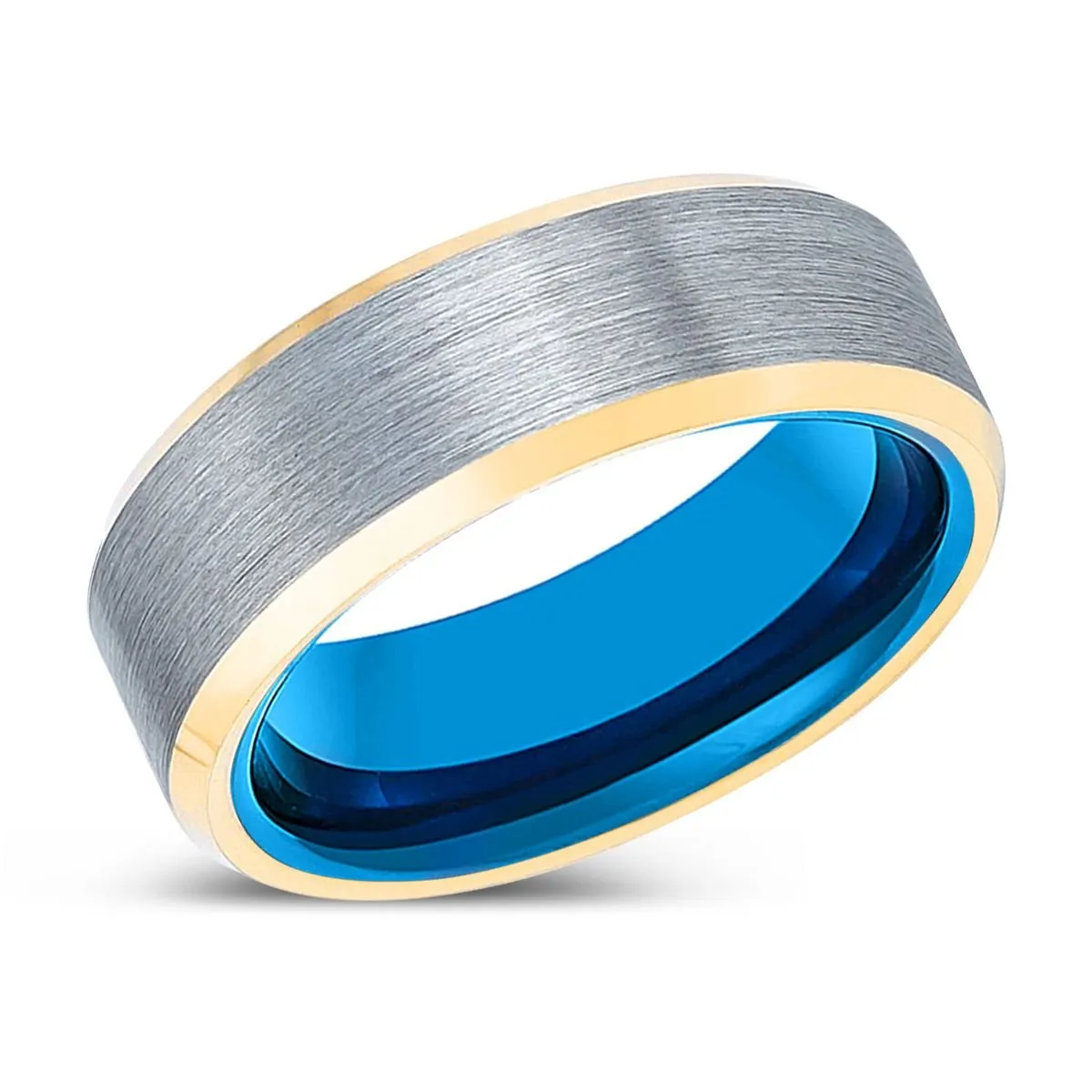 GENESIS | Blue Tungsten Ring, Brushed, Silver Tungsten Ring, Gold Beveled Edges