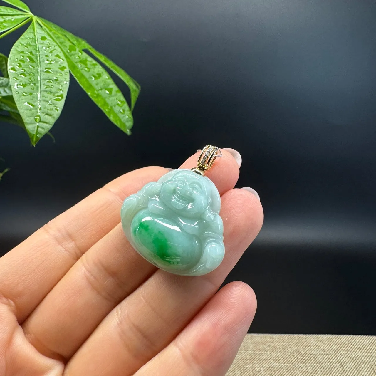 Genuine Burmese Green Jadeite Jade Happy Buddha Pendant with Diamond Bail