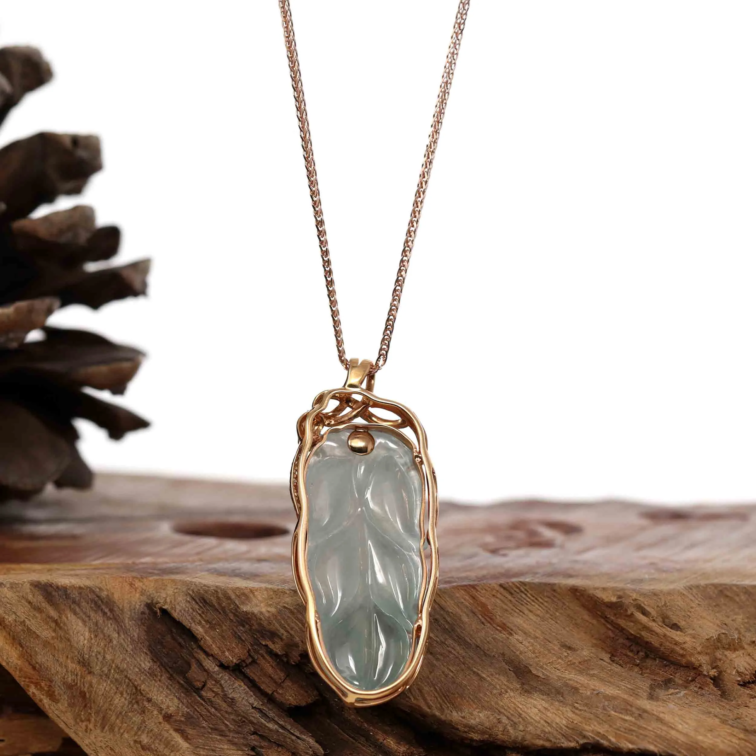 Genuine Ice Jadeite Jade Jin Zhi Yu Ye (Leaf) Necklace With Rose Gold VSI Diamond Bail