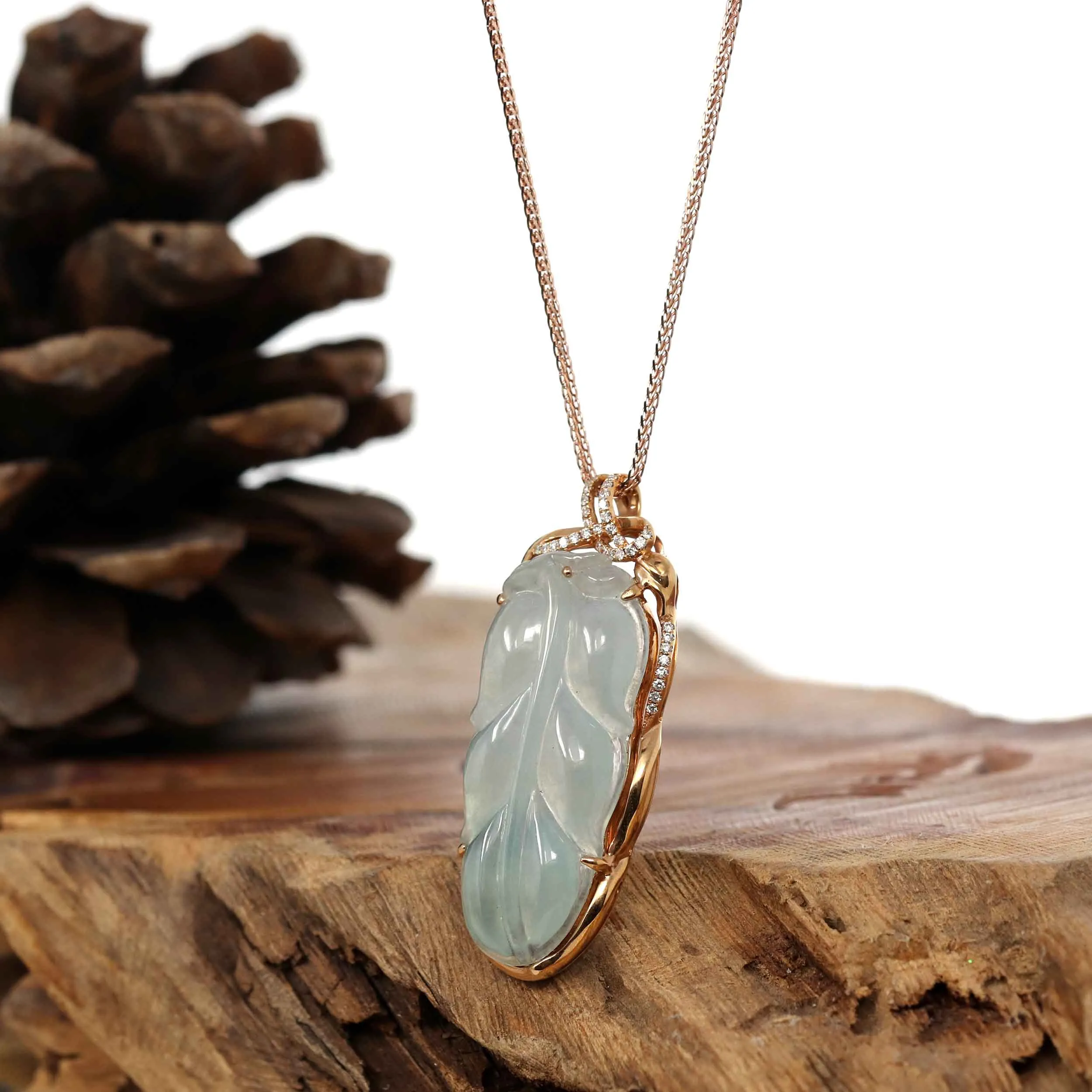 Genuine Ice Jadeite Jade Jin Zhi Yu Ye (Leaf) Necklace With Rose Gold VSI Diamond Bail