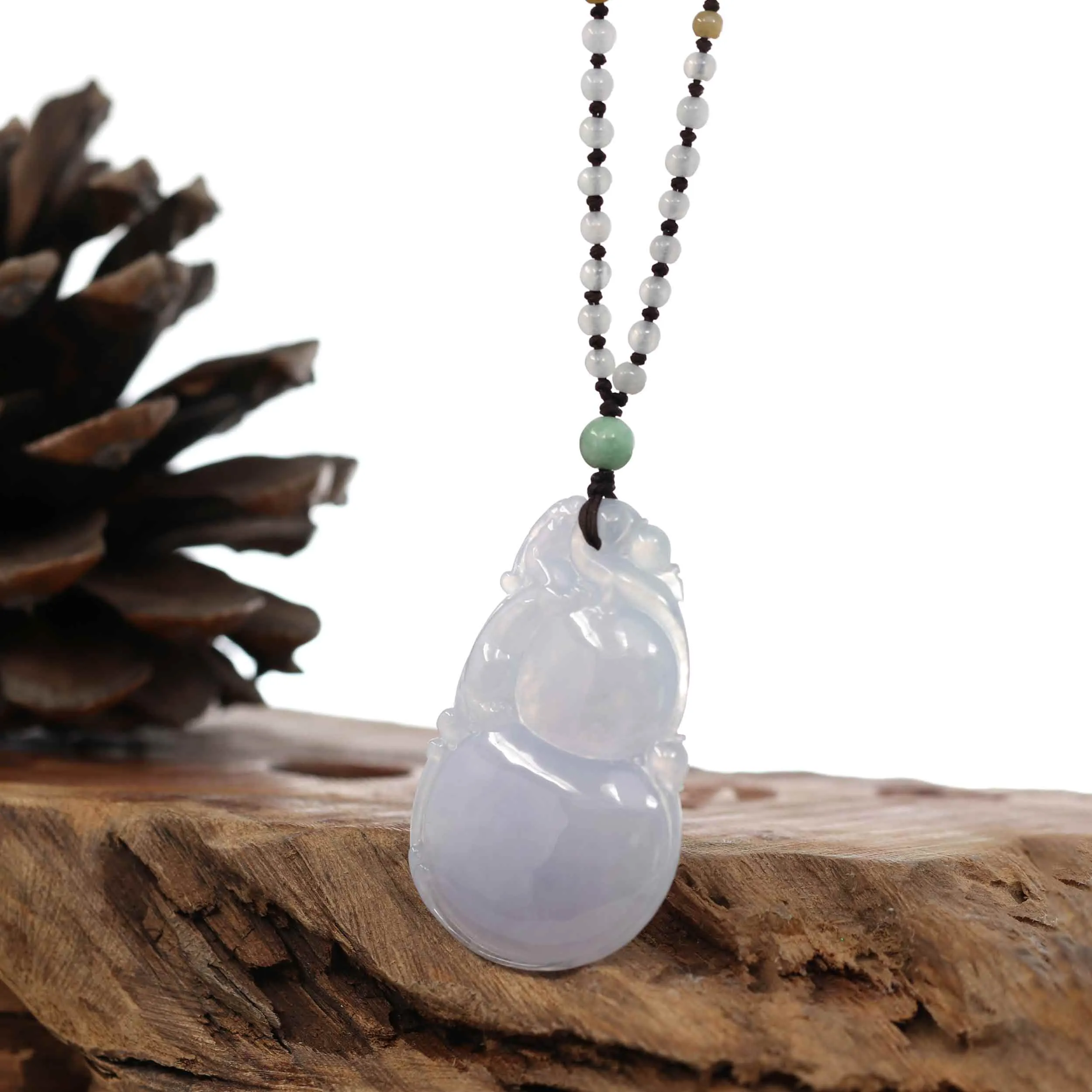 Genuine Ice Light Lavender Jadeite Jade "Good Luck HuLu with Dragon Accent" Pendant Necklace With Real Jadeite Beads Necklace