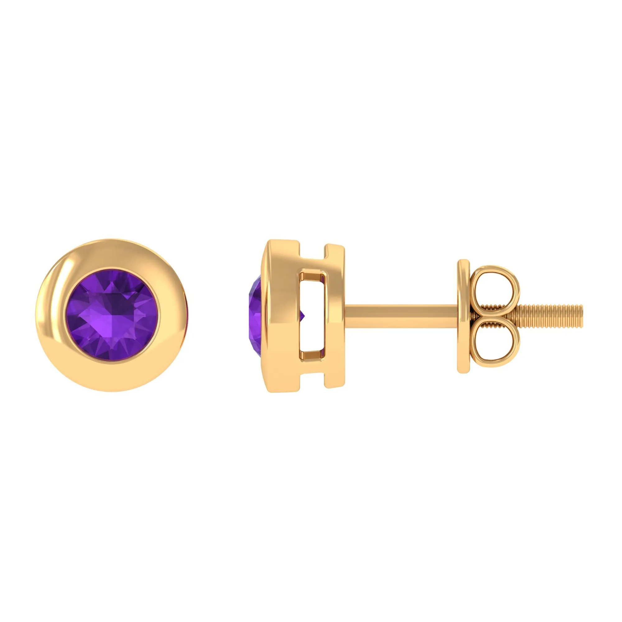 Genuine Violet Amethyst Solitaire Stud Earrings in Bezel Setting