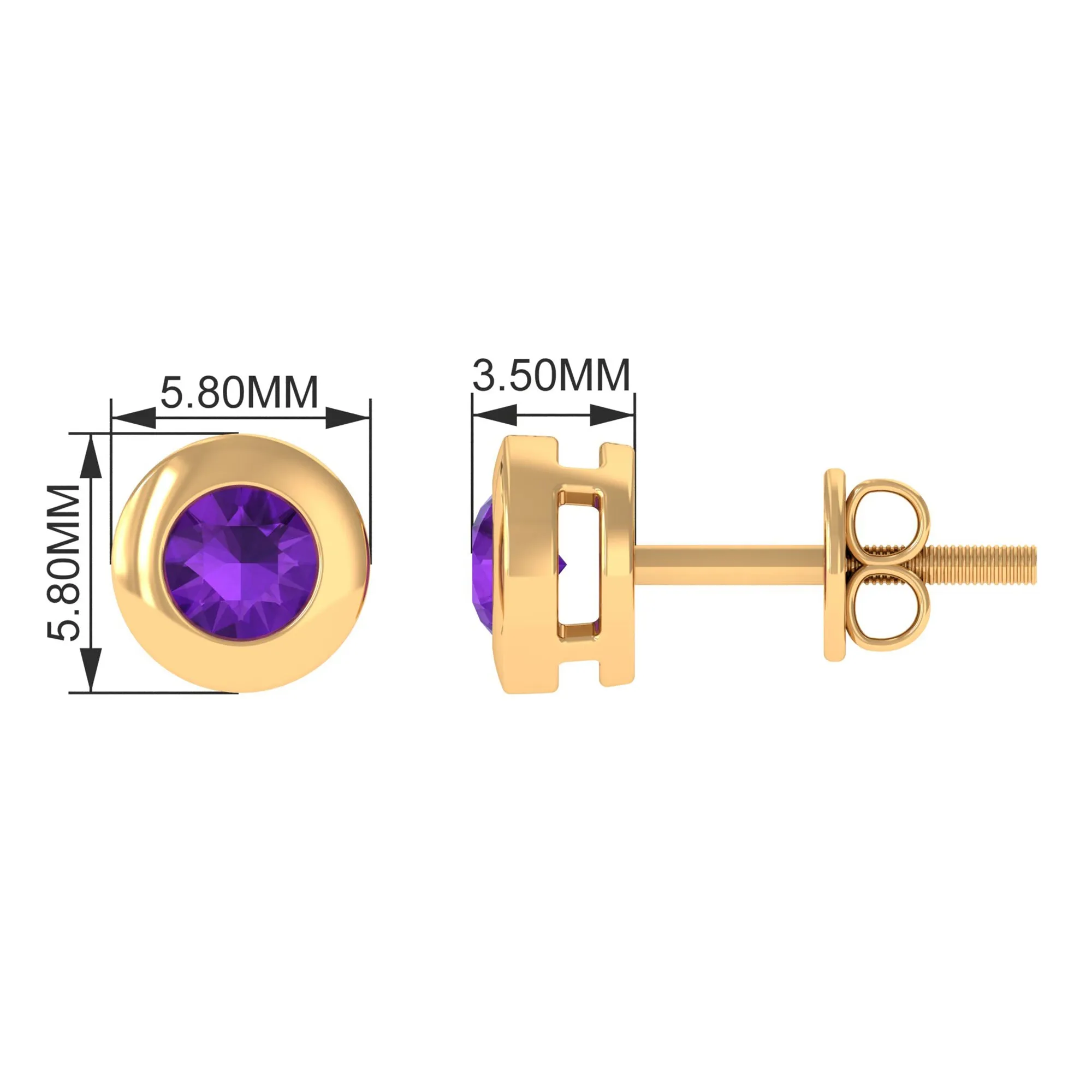 Genuine Violet Amethyst Solitaire Stud Earrings in Bezel Setting