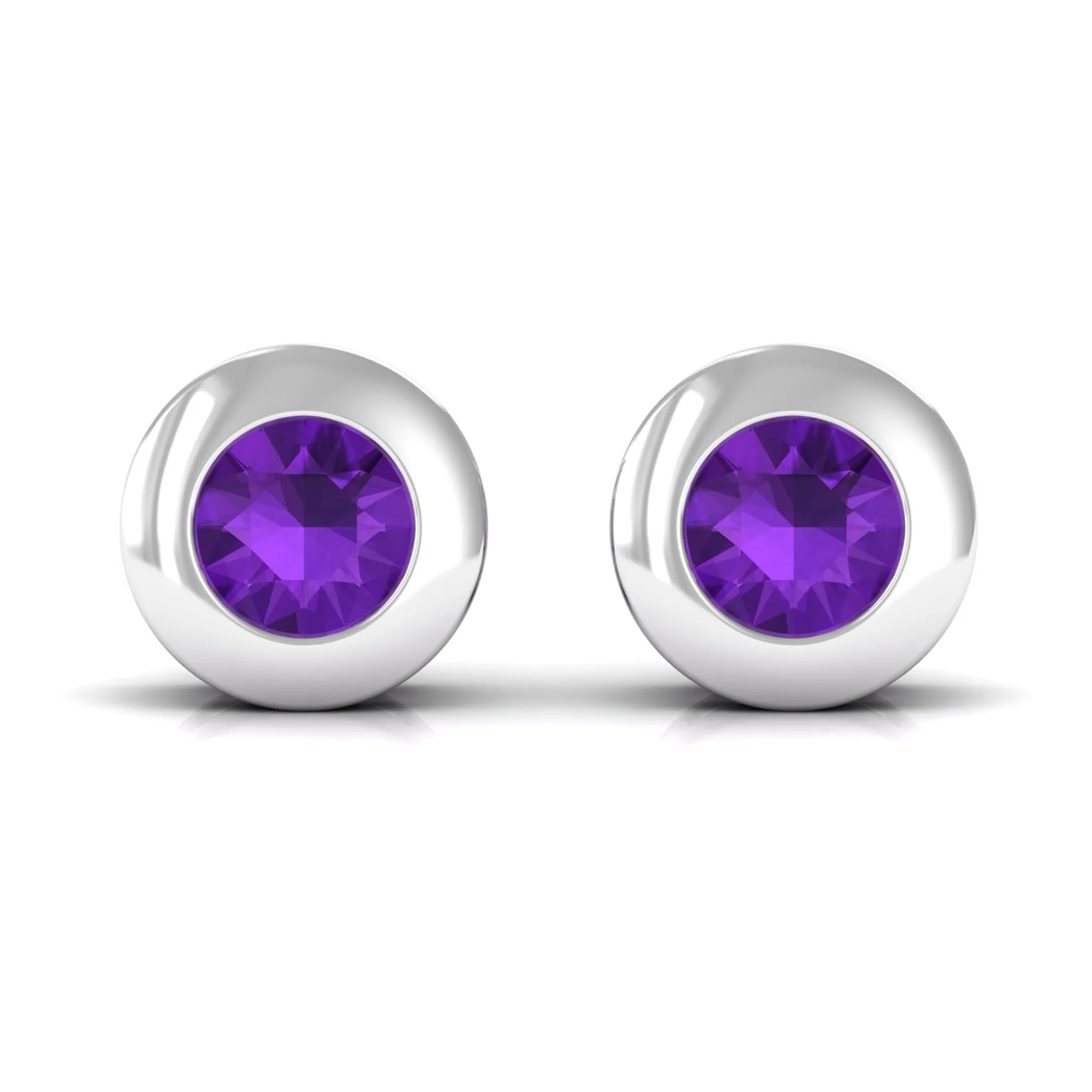 Genuine Violet Amethyst Solitaire Stud Earrings in Bezel Setting