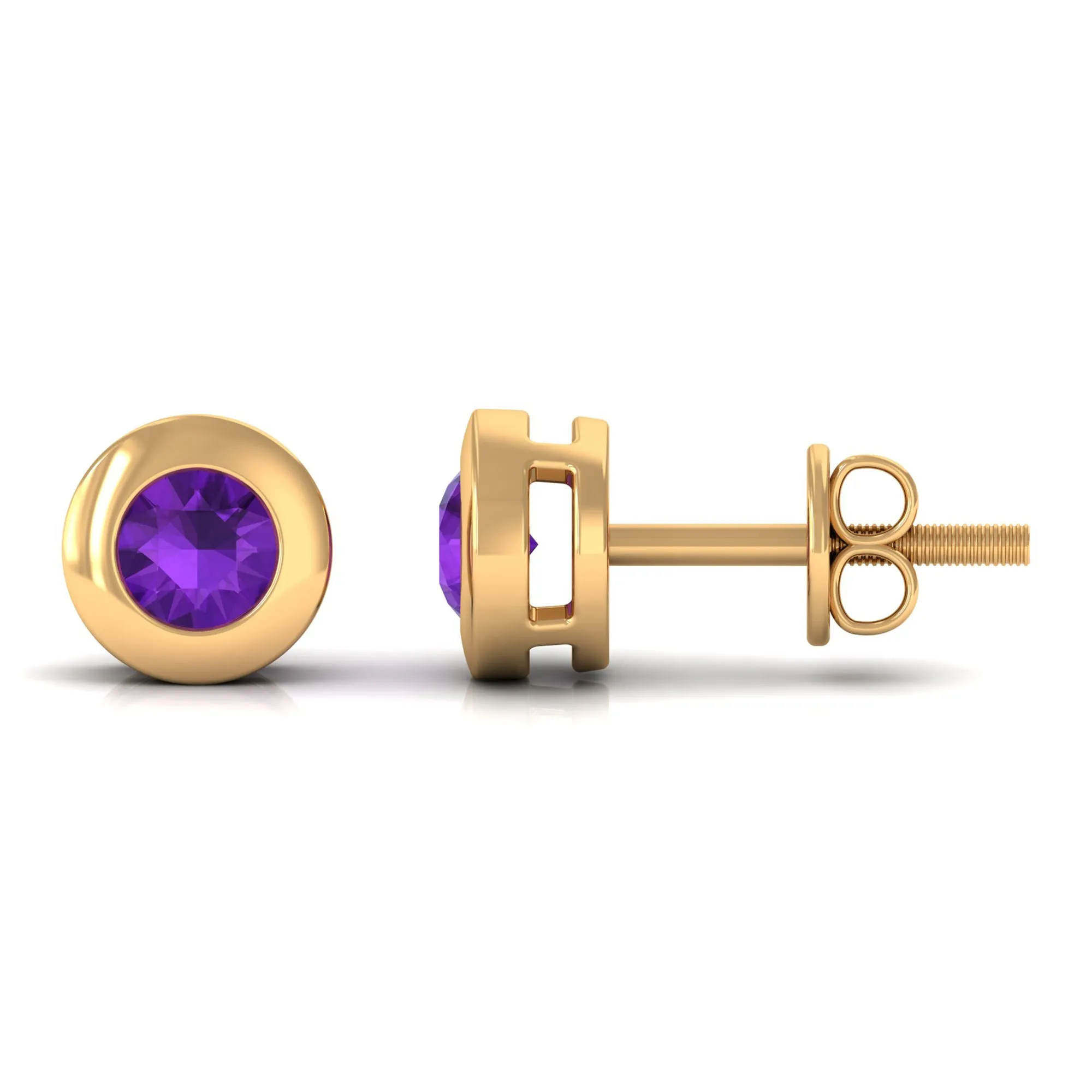 Genuine Violet Amethyst Solitaire Stud Earrings in Bezel Setting