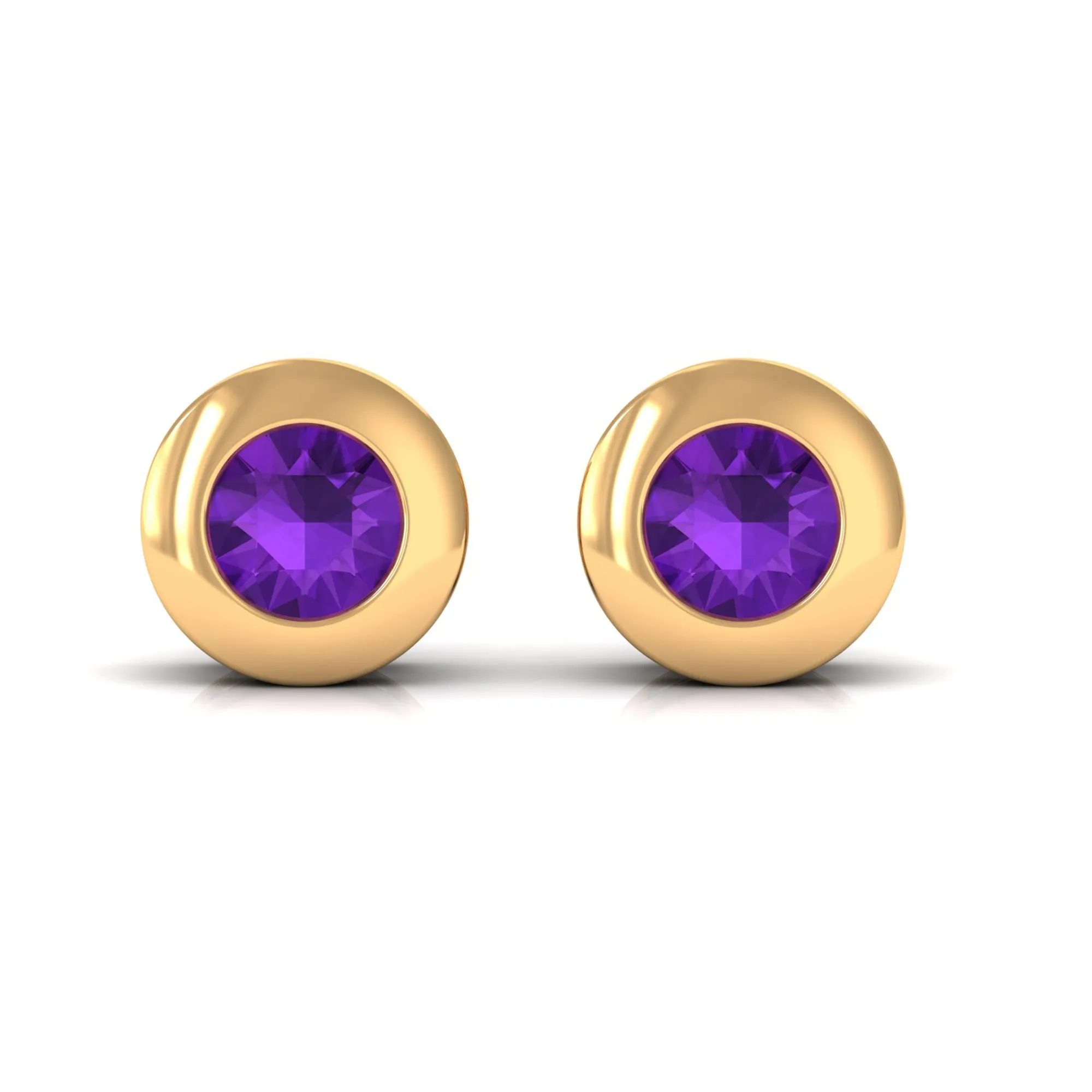 Genuine Violet Amethyst Solitaire Stud Earrings in Bezel Setting