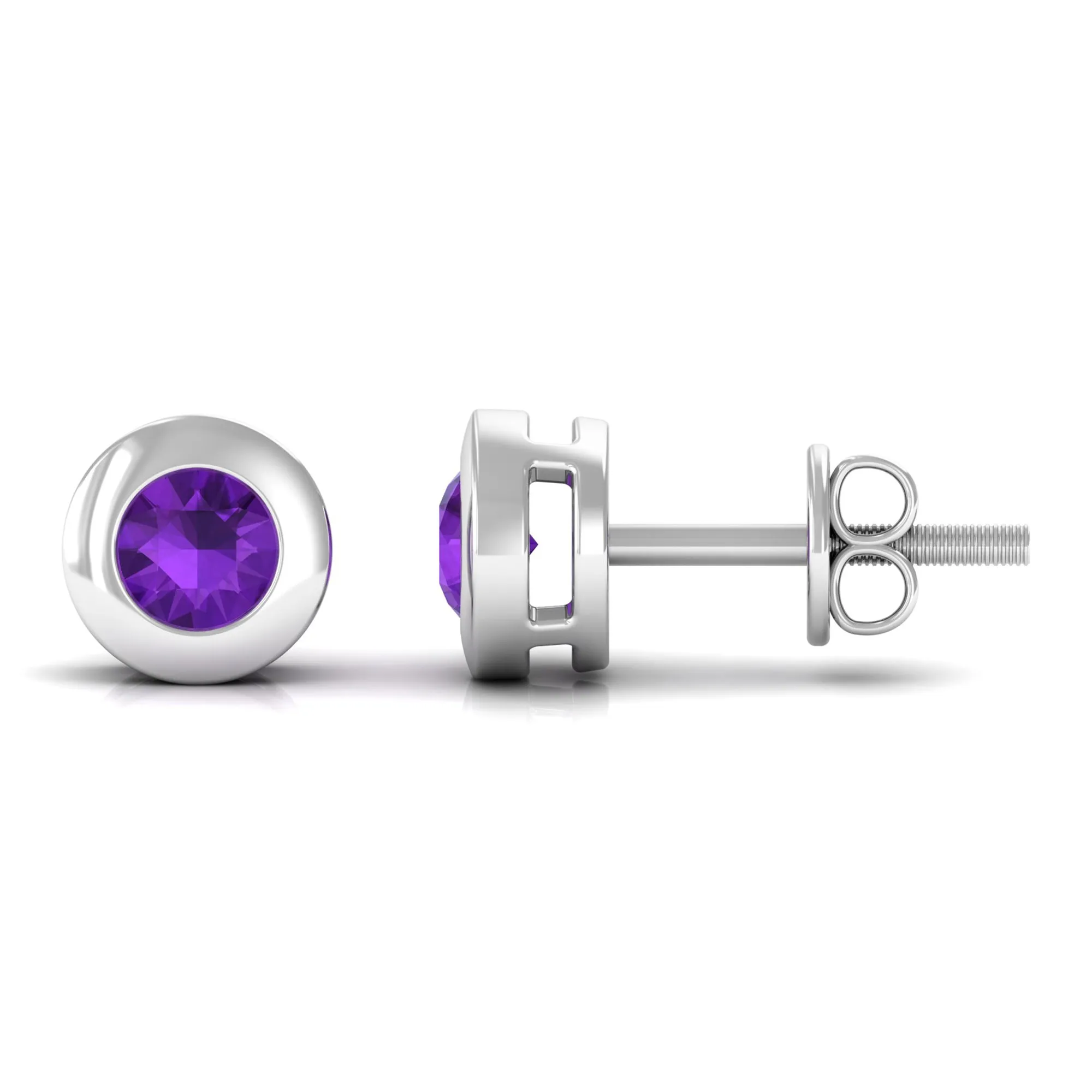 Genuine Violet Amethyst Solitaire Stud Earrings in Bezel Setting