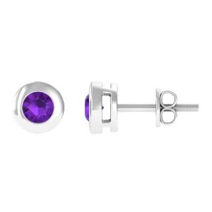 Genuine Violet Amethyst Solitaire Stud Earrings in Bezel Setting