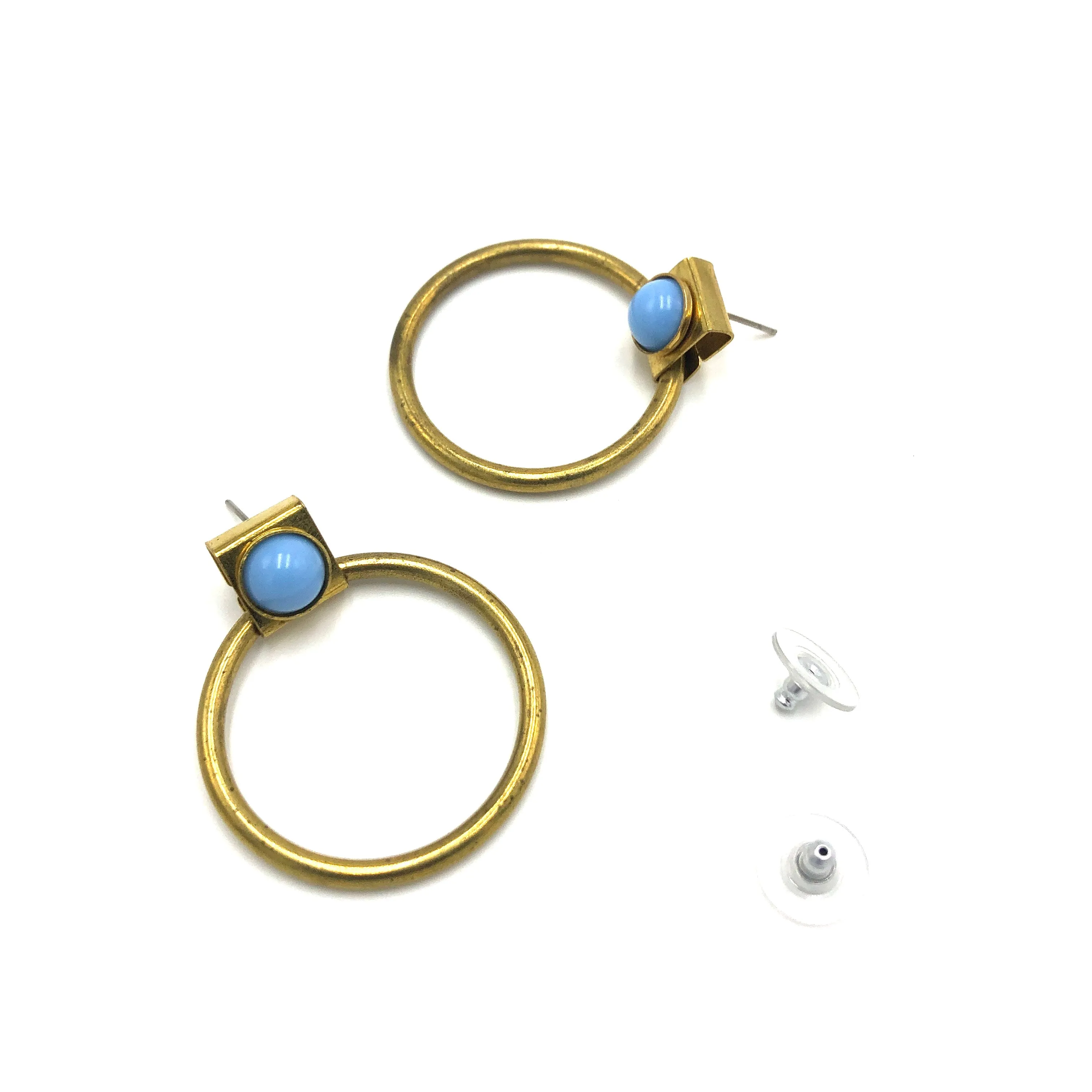 Geometry Blue Brass Hoops