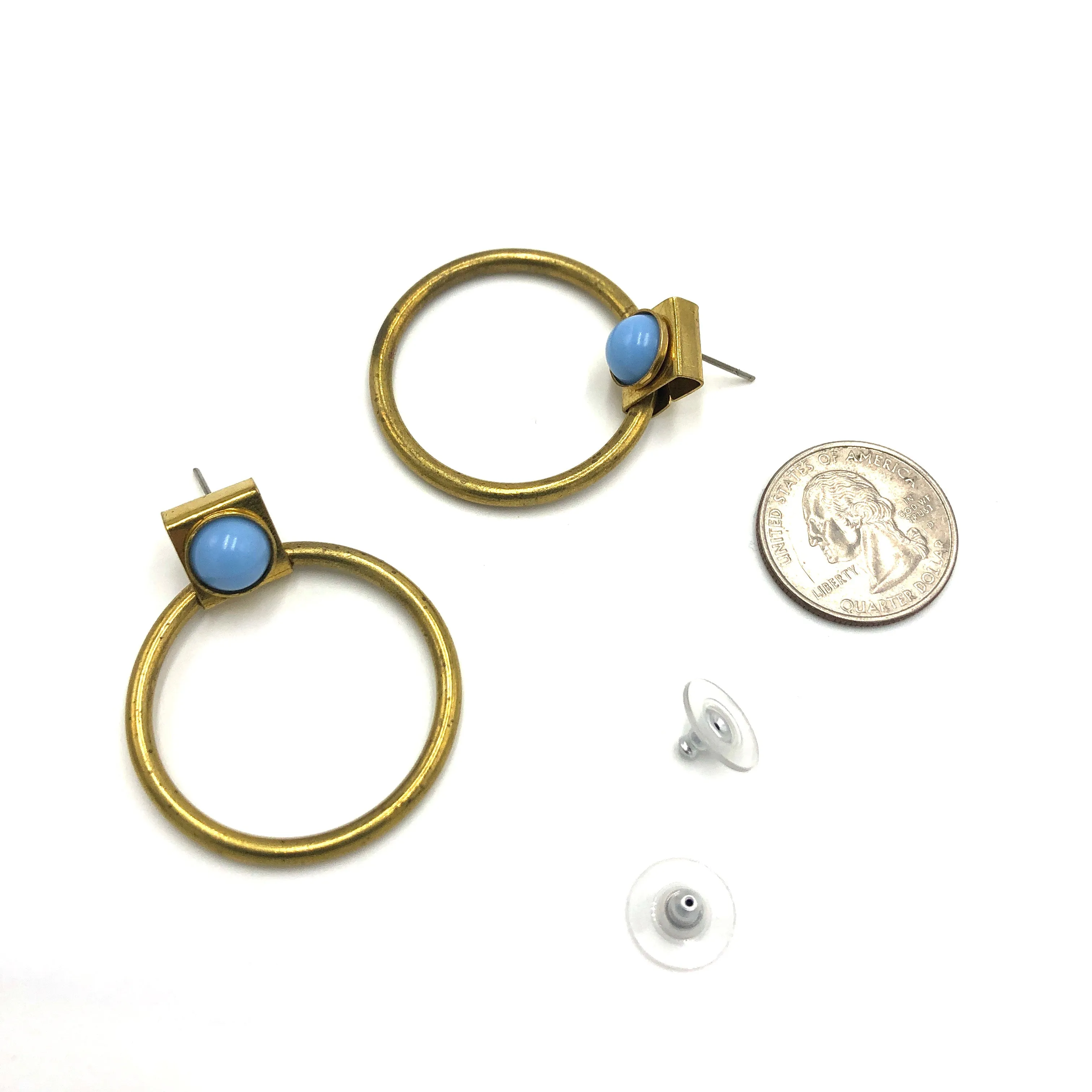 Geometry Blue Brass Hoops