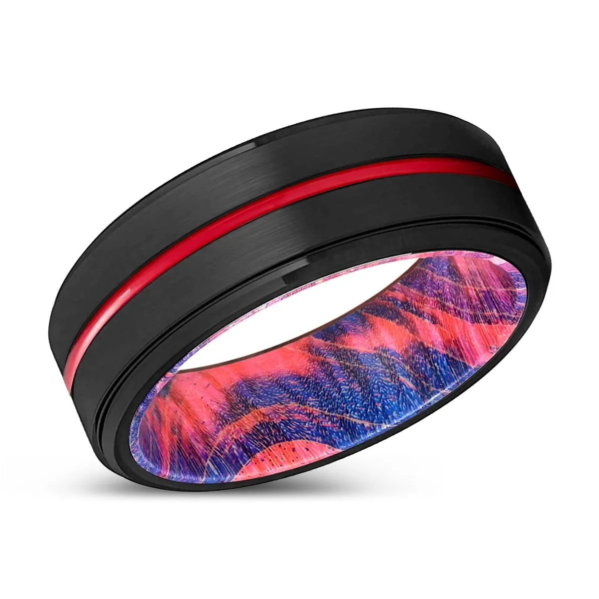 GILLY | Blue & Red Wood, Black Tungsten Ring, Red Groove, Stepped Edge