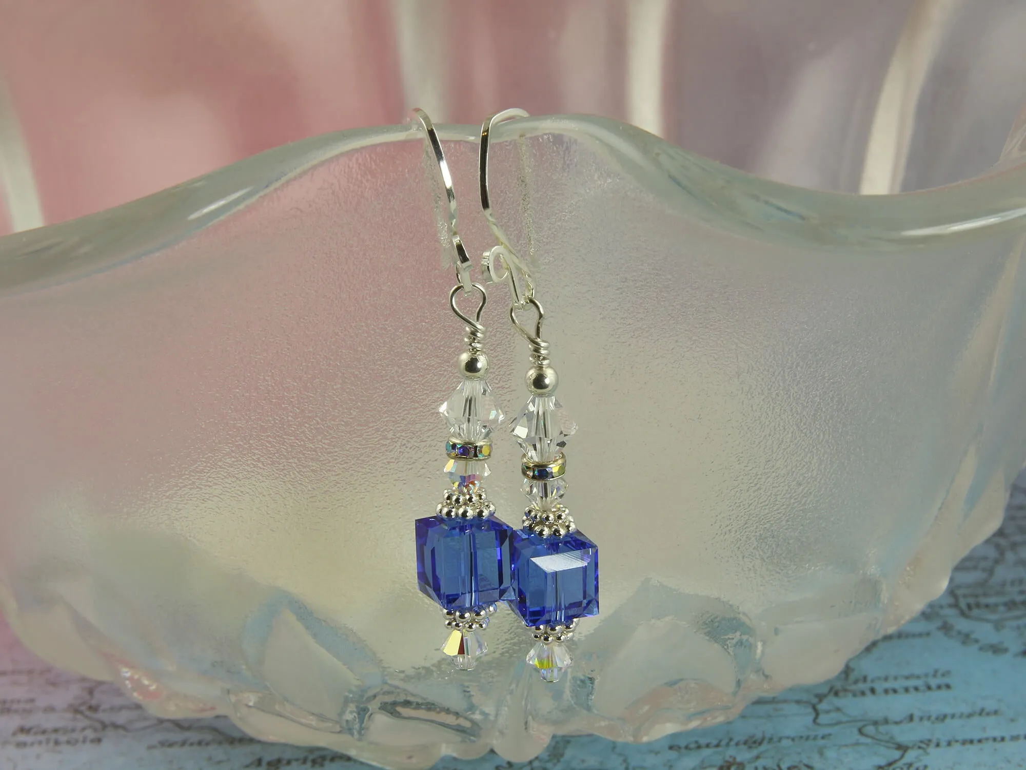 Glistening Sapphire Crystal Cube Earrings