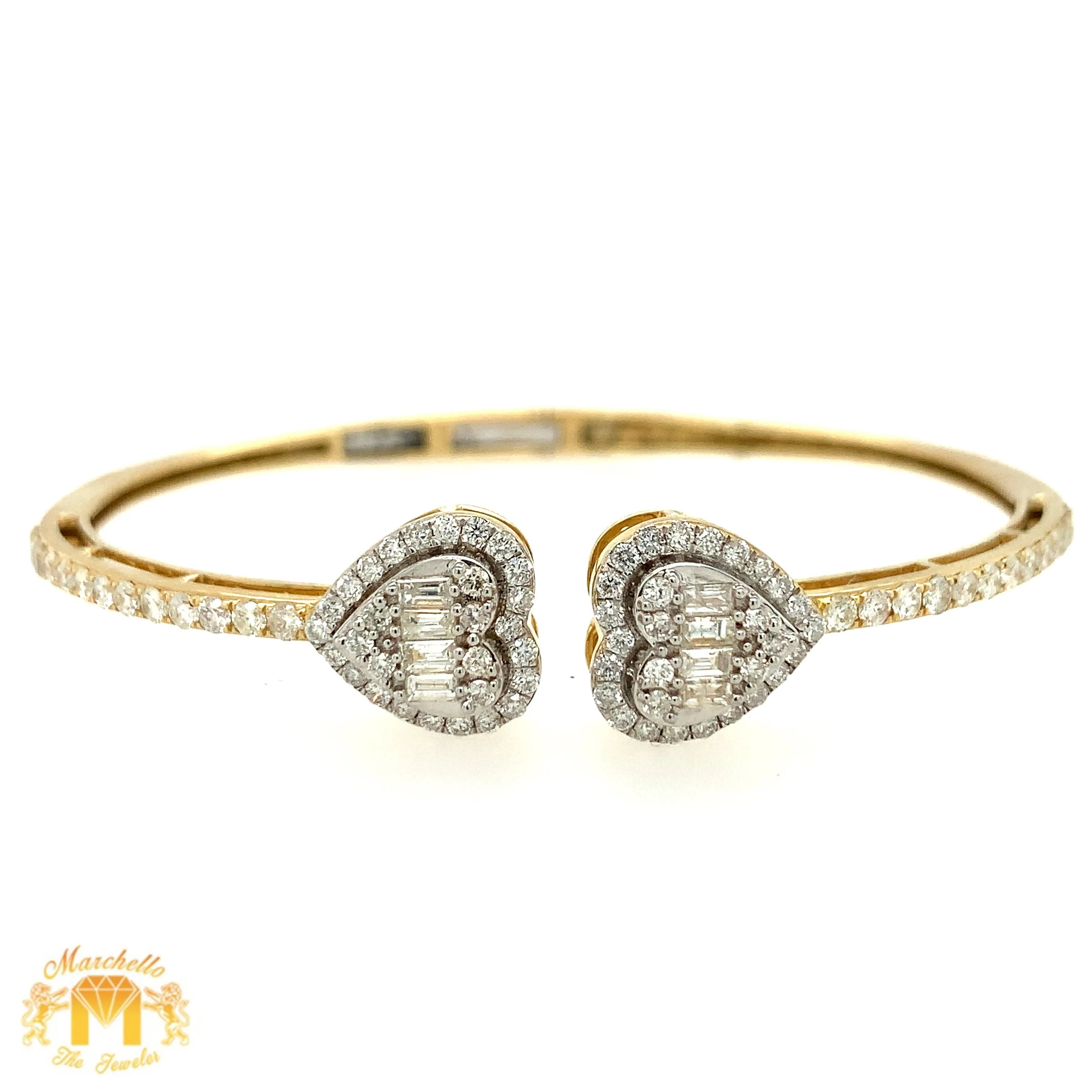 Gold and Diamond Twin Hearts Cuff Bracelet with natural baguette and round diamonds (choose your color)