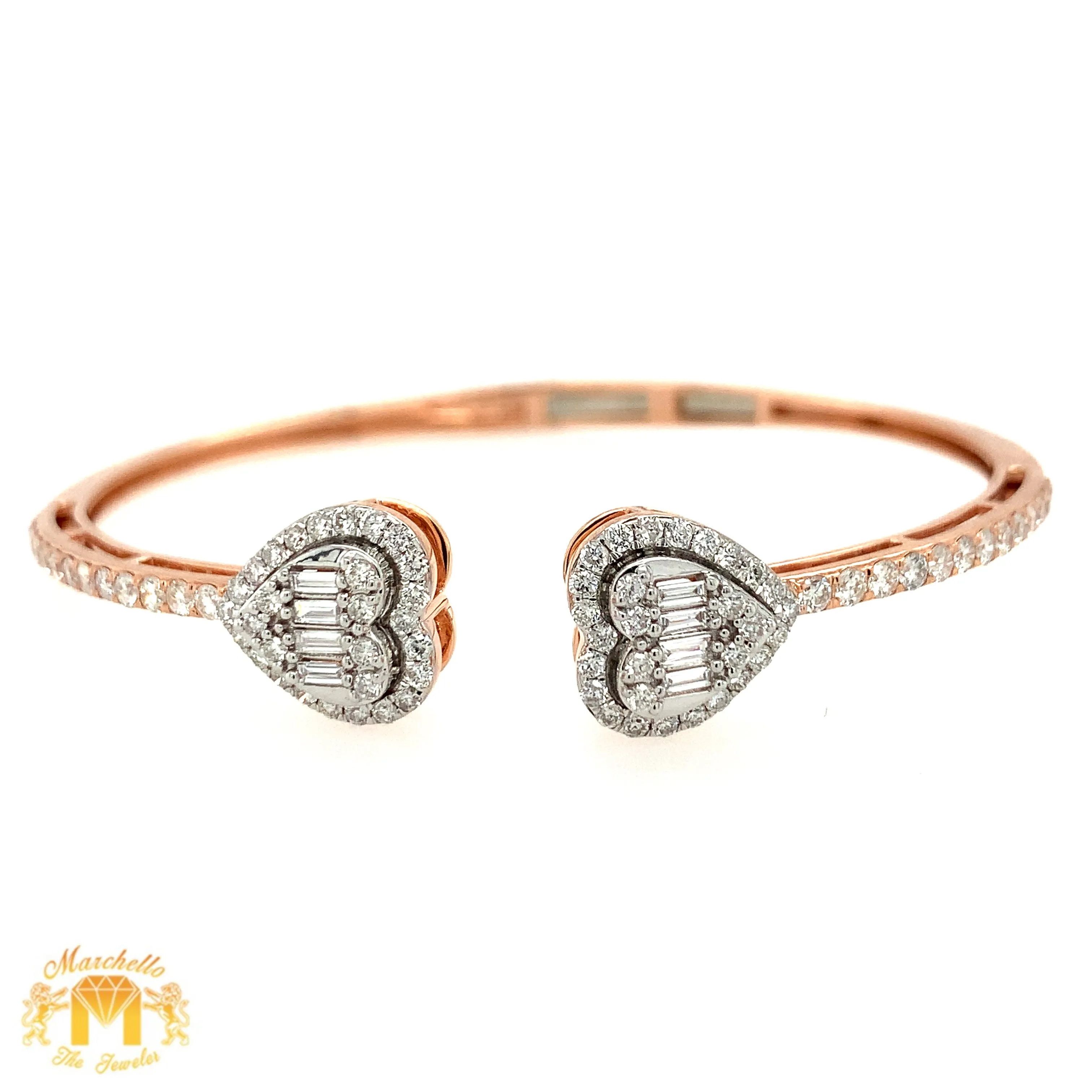 Gold and Diamond Twin Hearts Cuff Bracelet with natural baguette and round diamonds (choose your color)