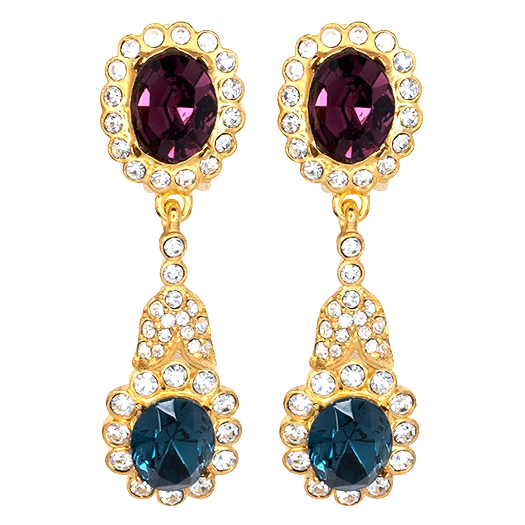 Gold, Crystal & Sapphire Drop Clip Earrings