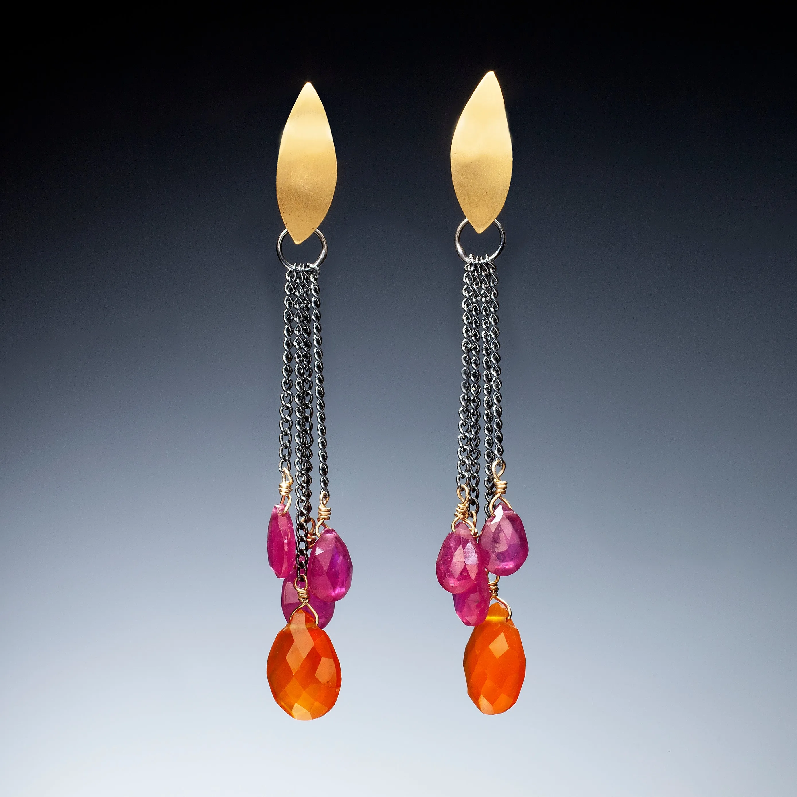 Gold Earrings with Pink and Orange Drops