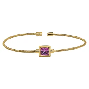 Gold Finish Sterling Silver Cable Cuff Bracelet with Princess Cut Simulated Ruby Birth Gem