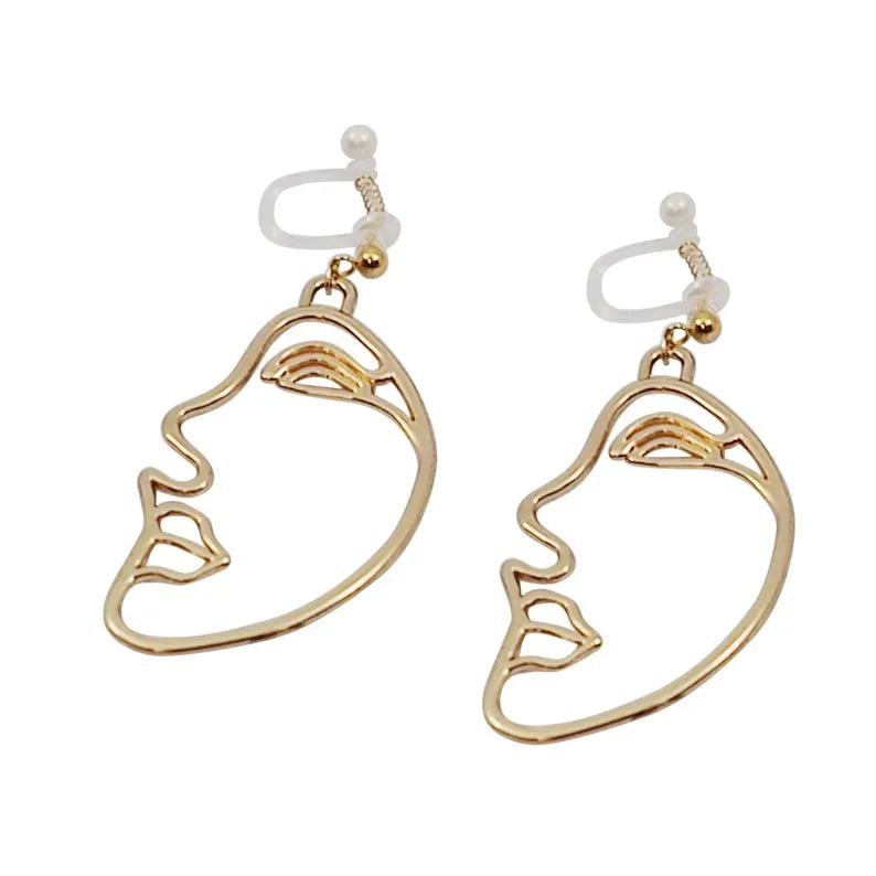 Gold Picasso Face Side Invisible Clip On Earrings