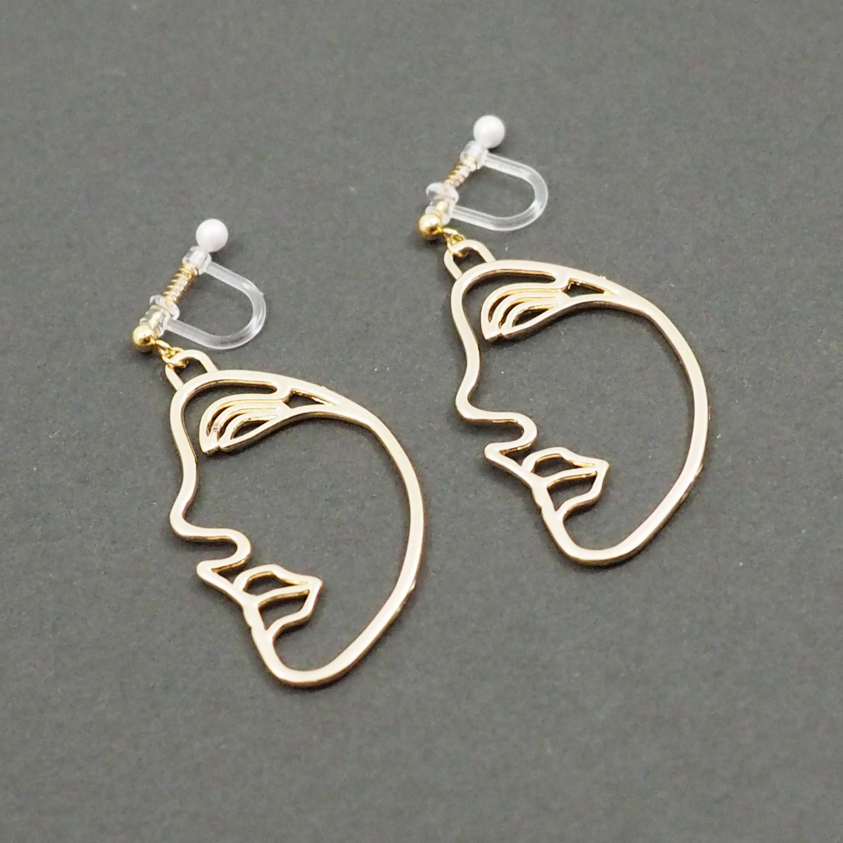 Gold Picasso Face Side Invisible Clip On Earrings