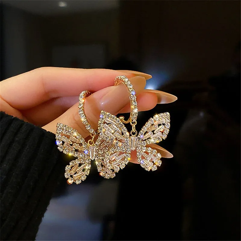 Golden Butterfly Zircon Crystal Dangle Earrings for Women