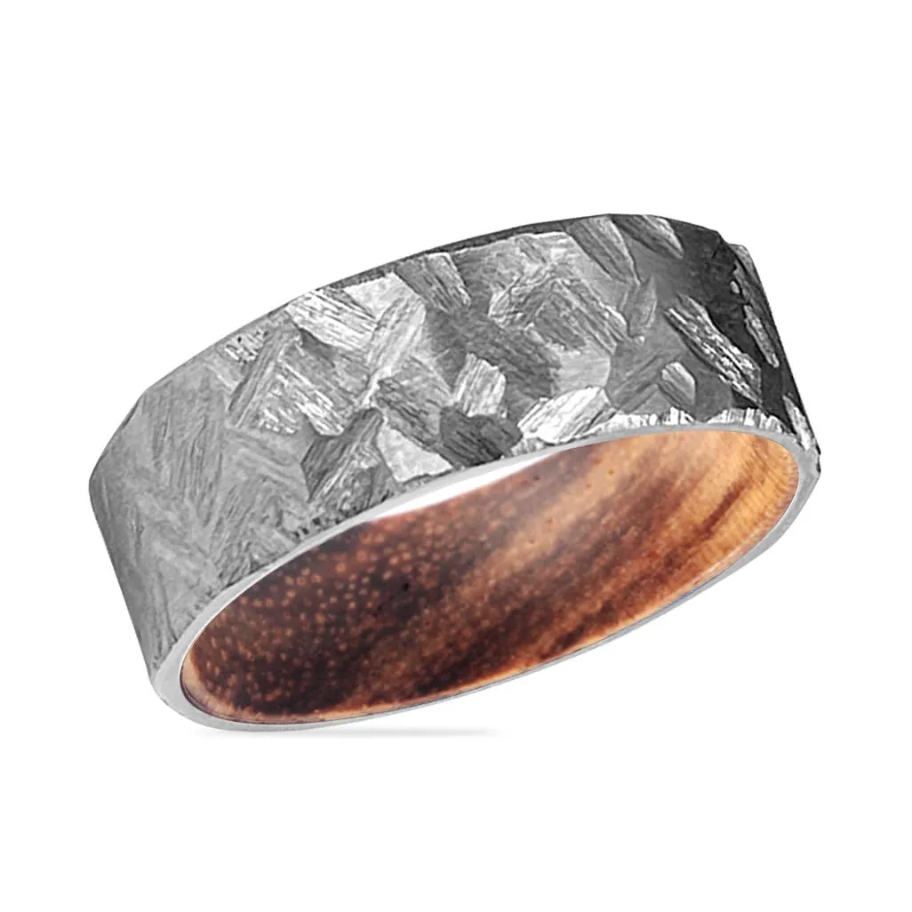 HAMIL | Zebra Wood, Silver Titanium Ring, Hammered, Flat