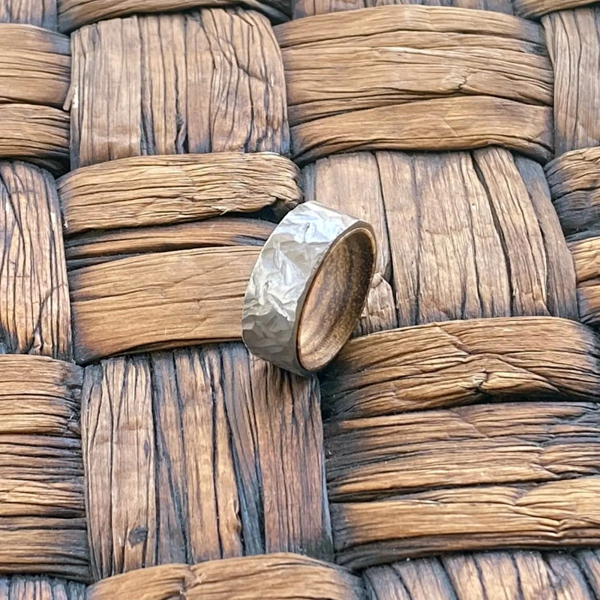 HAMIL | Zebra Wood, Silver Titanium Ring, Hammered, Flat