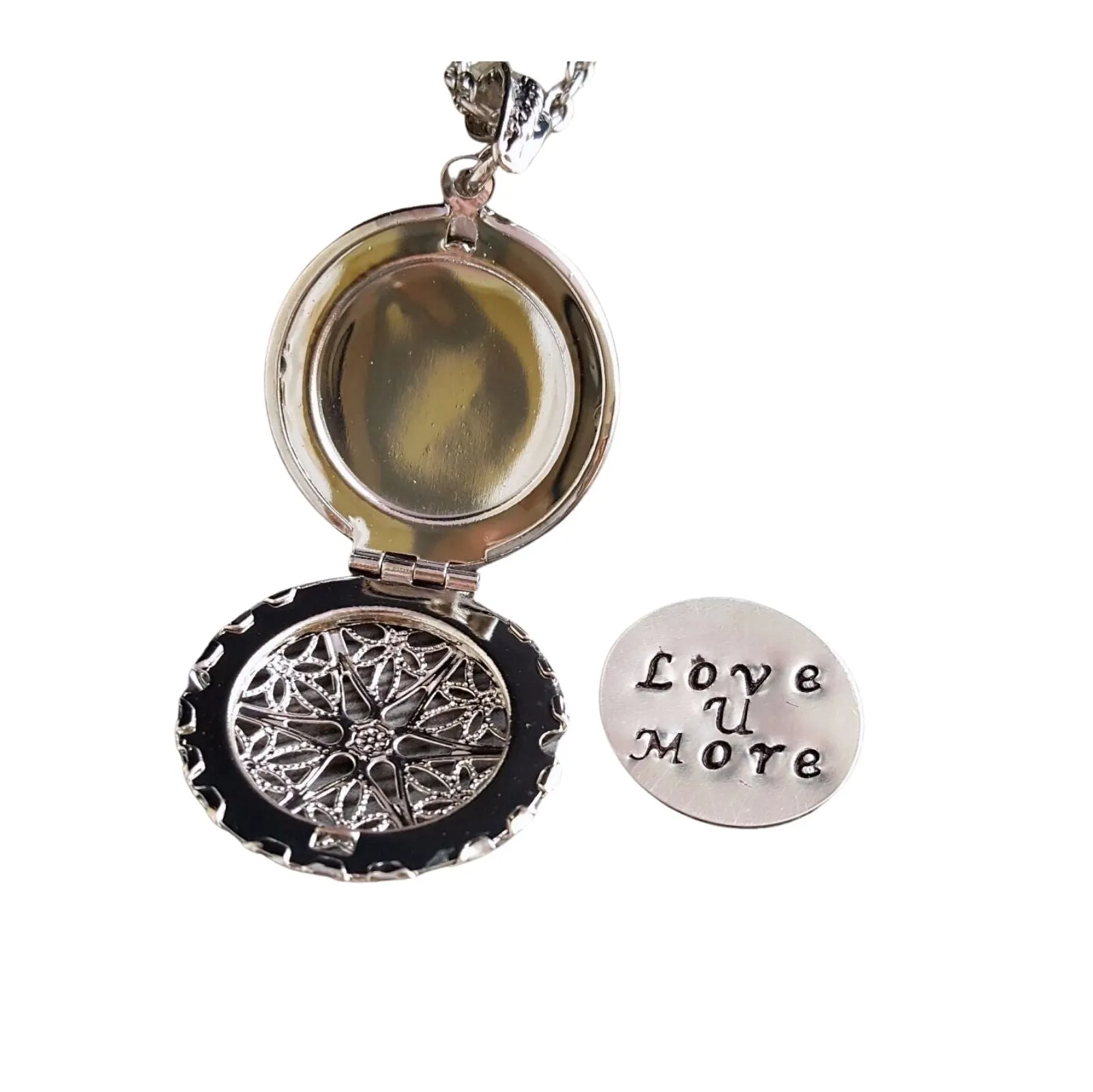 Handmade Hand Stamped Love You More Silver Filigree Locket Necklace