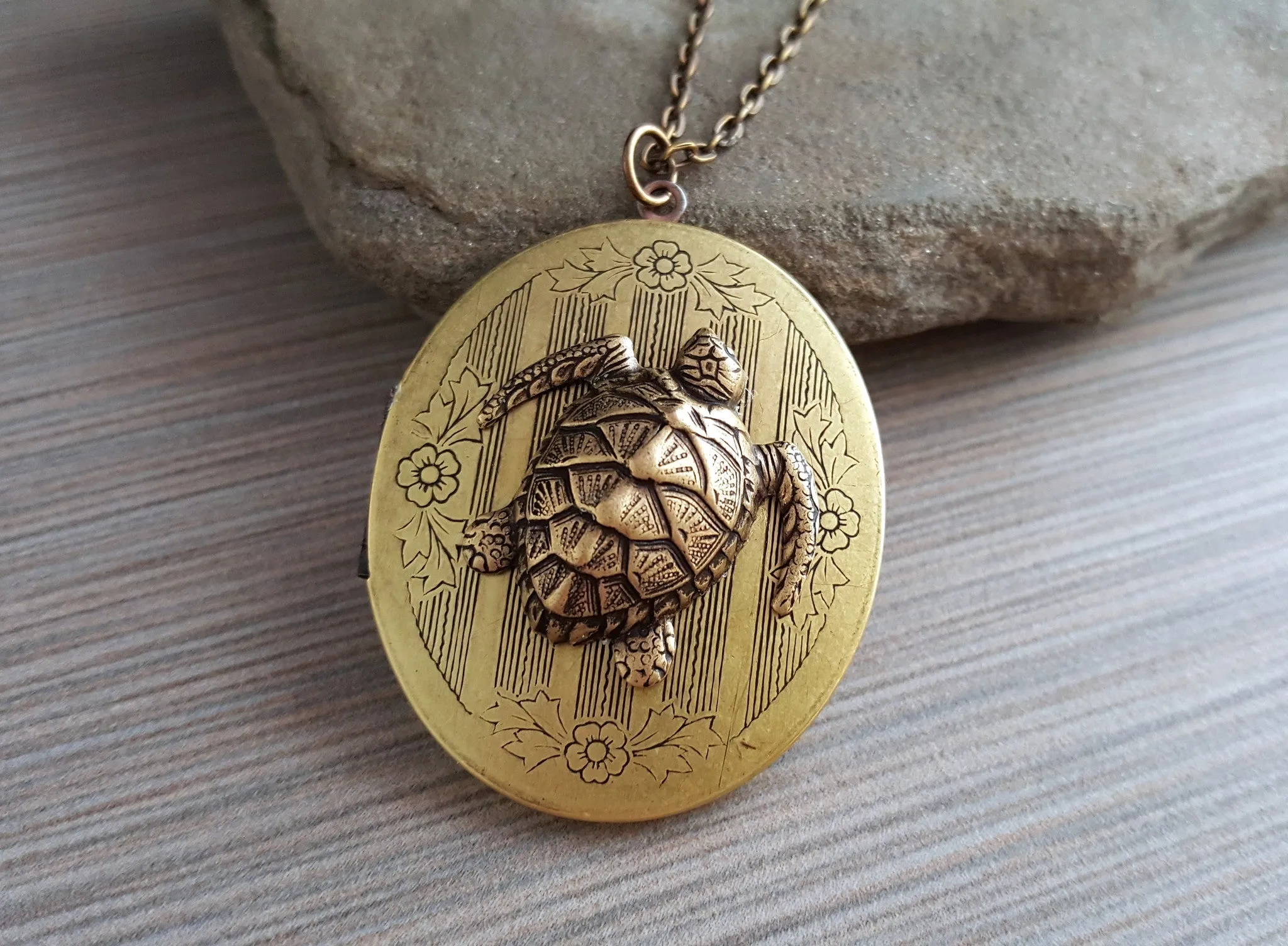 Handmade Oxidized Brass Victorian Turtle Locket Necklace