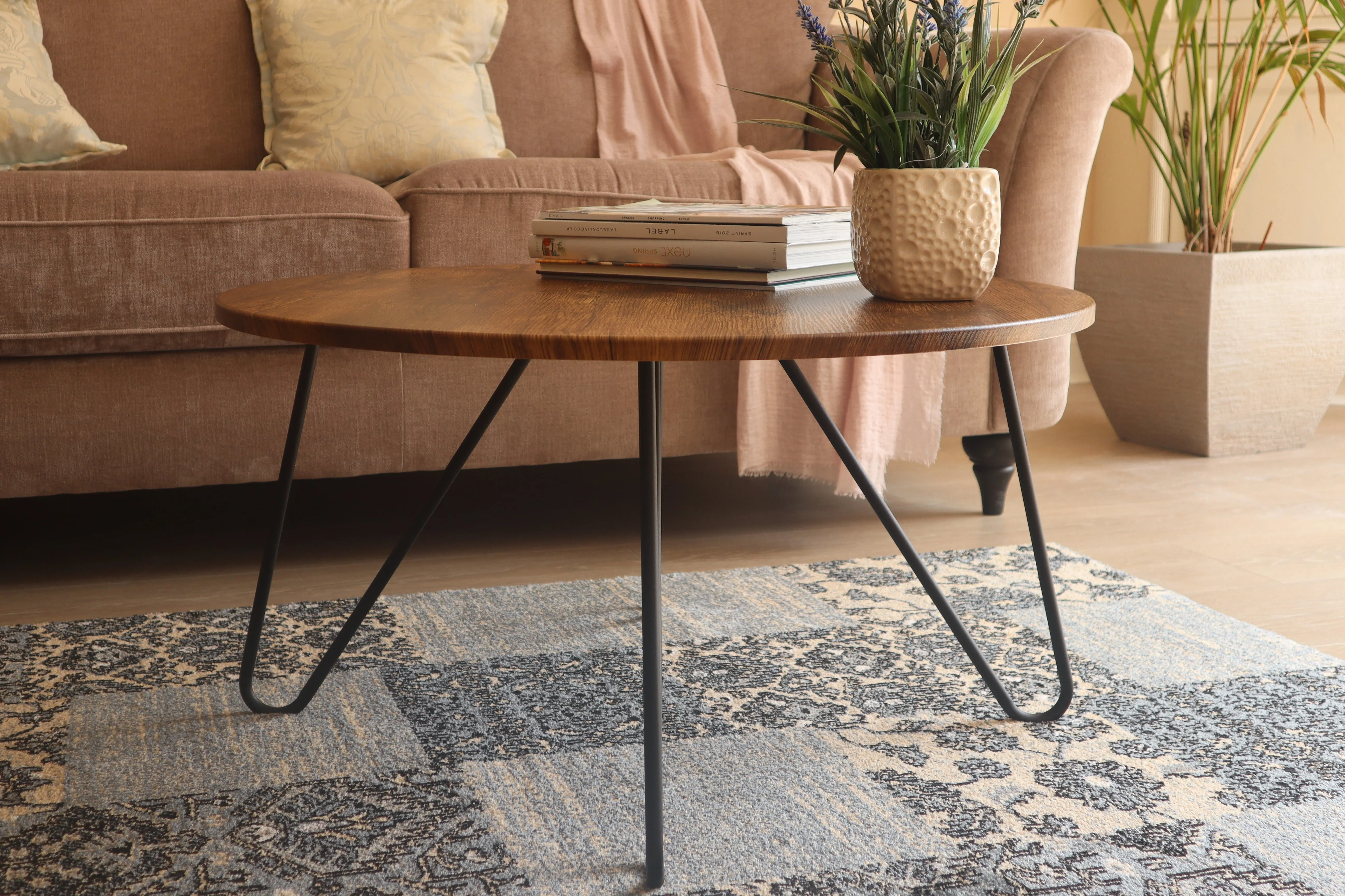 Happer Round Wooden Coffee Table With Hairpin Legs (Vintage/Black)