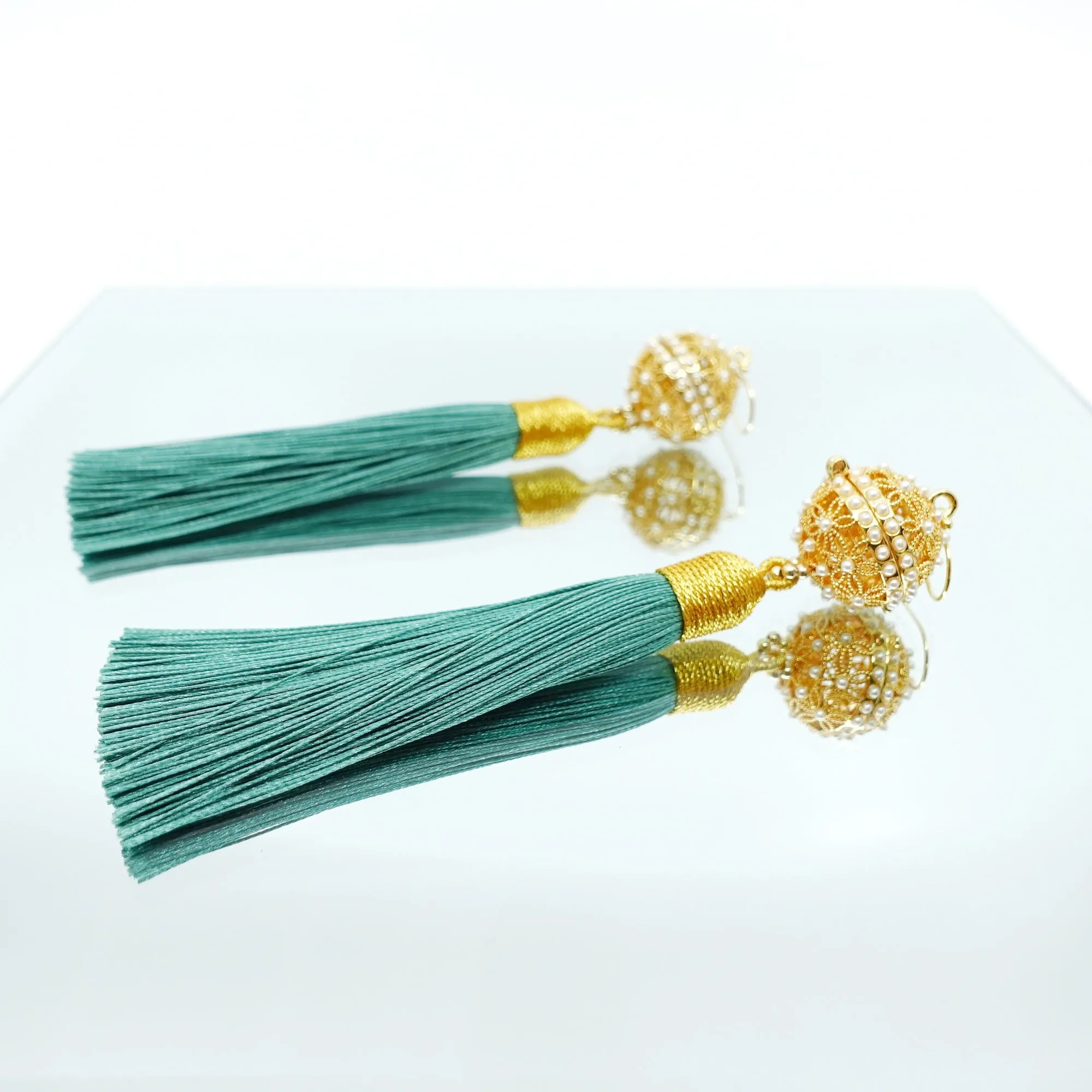 Herbal Locket Silk Tassel Earrings - Jade Green