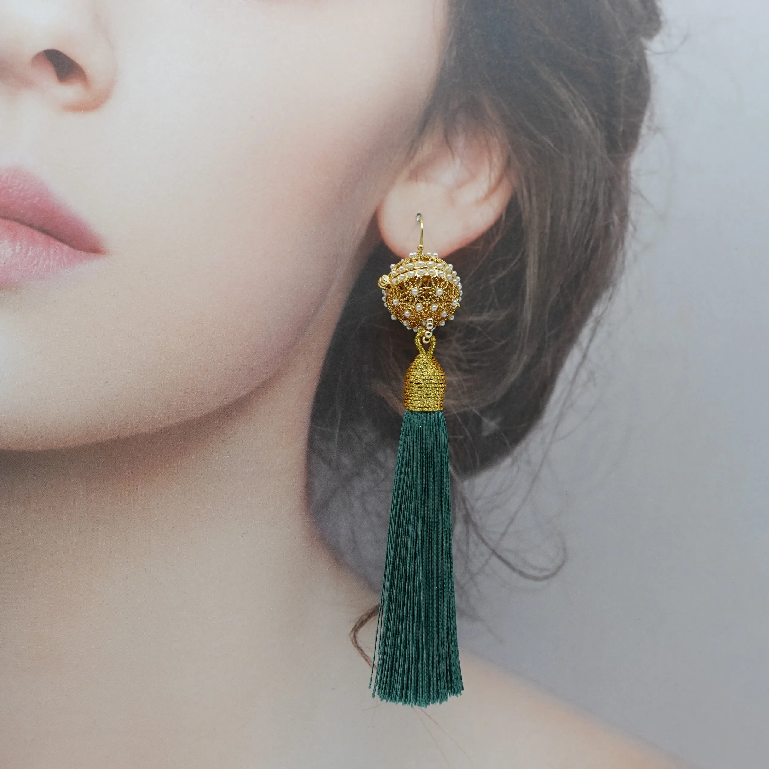 Herbal Locket Silk Tassel Earrings - Jade Green