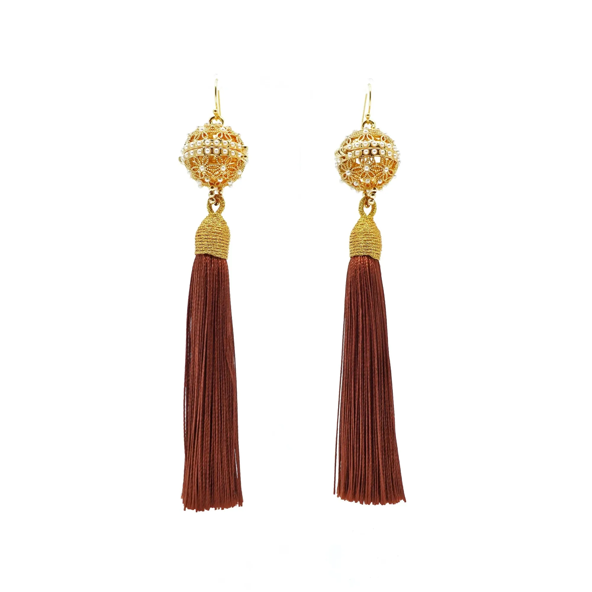 Herbal Locket Silk Tassel Earrings - Red Brown