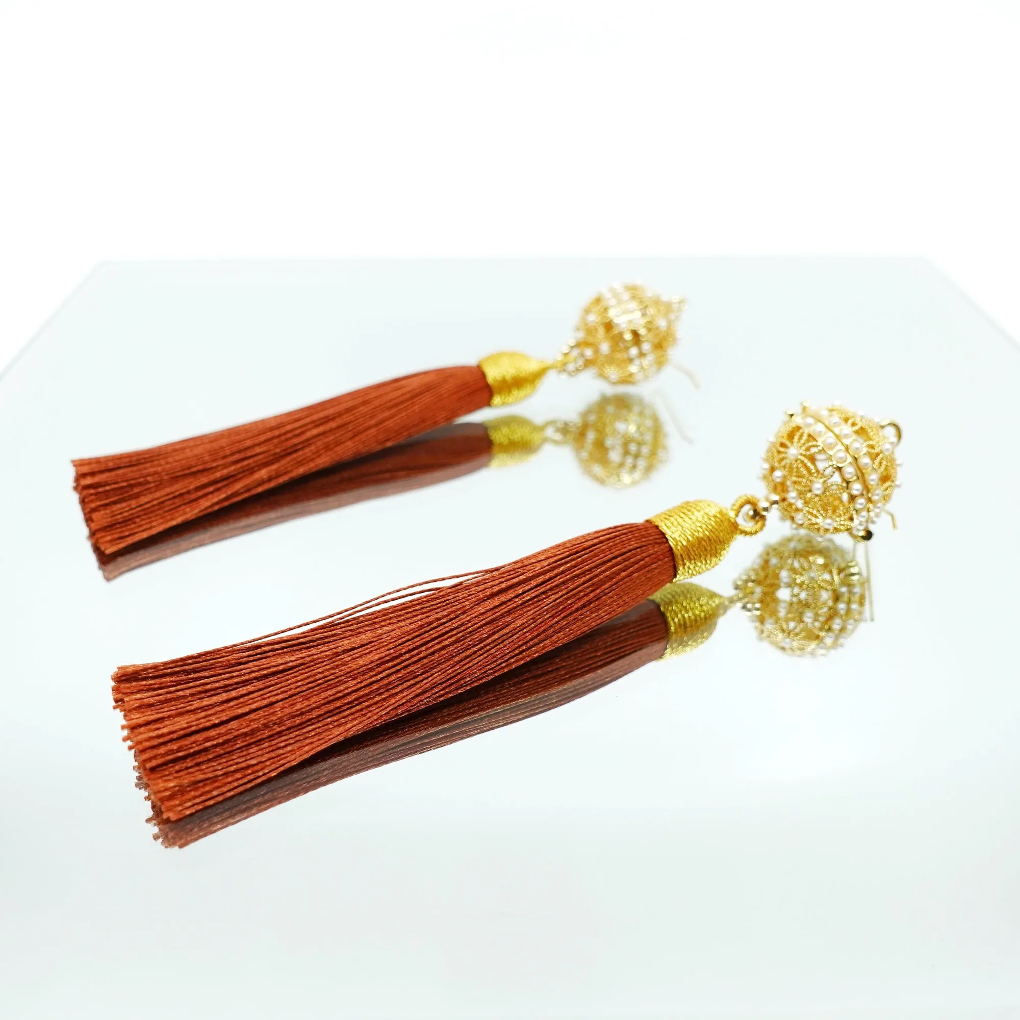 Herbal Locket Silk Tassel Earrings - Red Brown