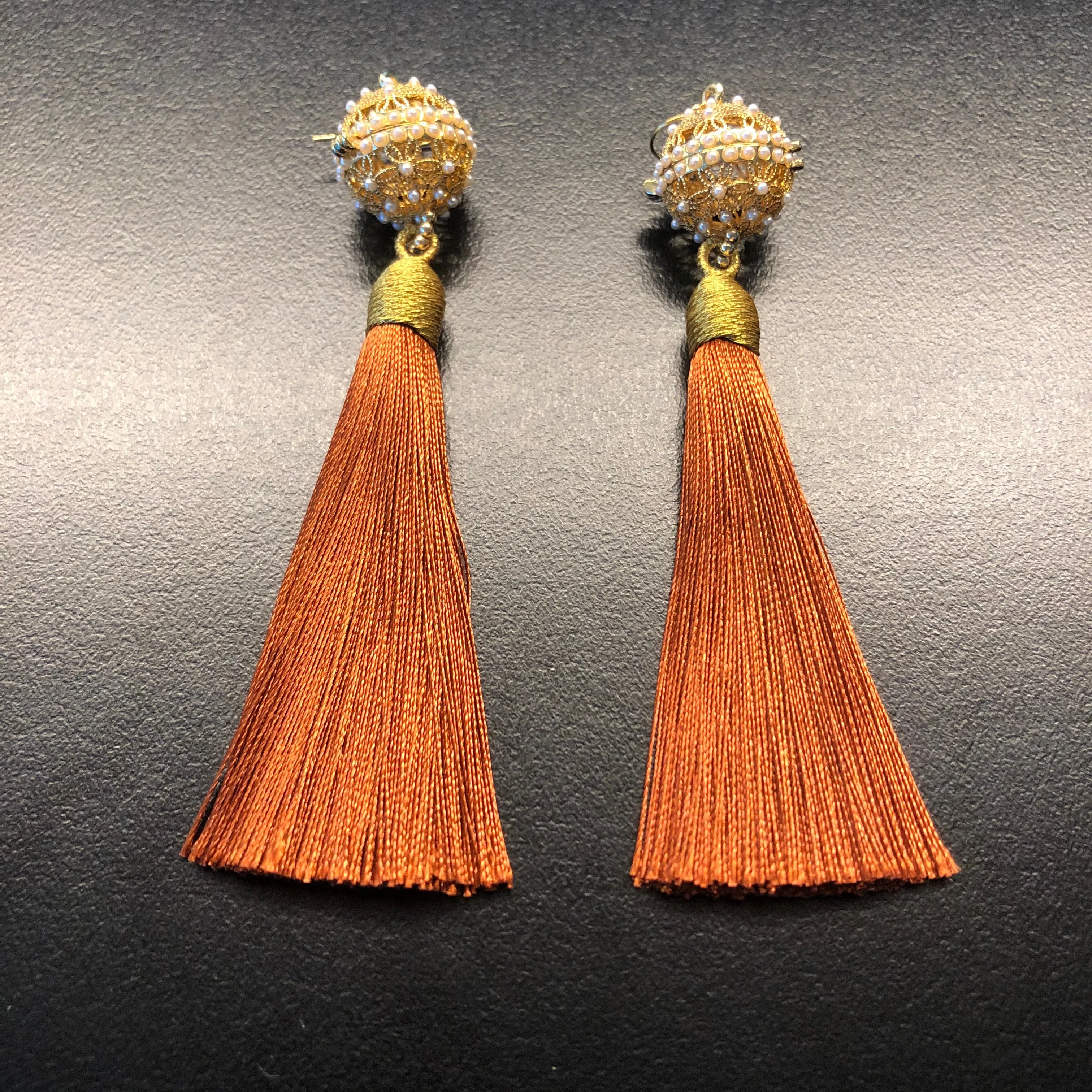 Herbal Locket Silk Tassel Earrings - Red Brown