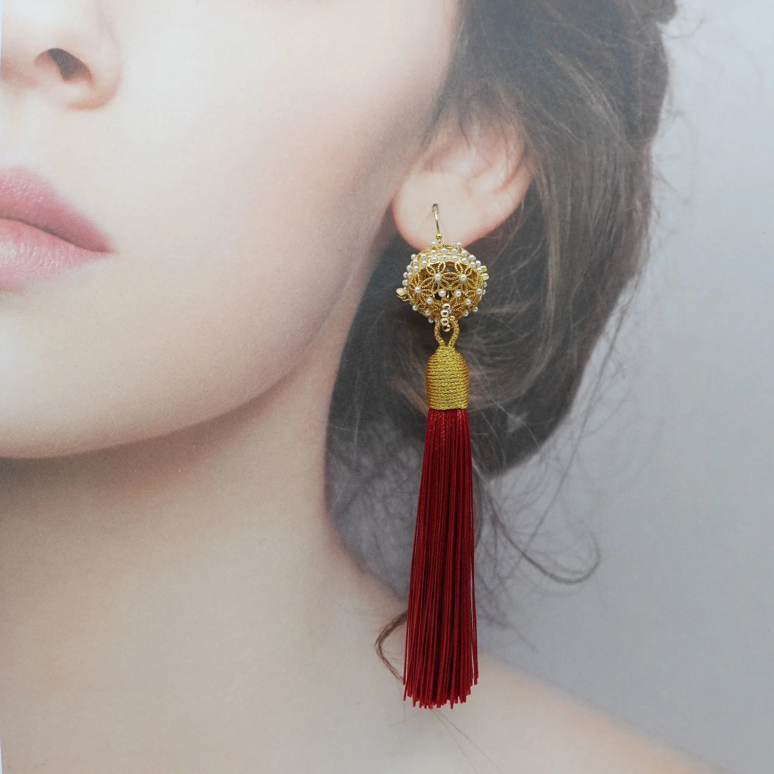 Herbal Locket Silk Tassel Earrings - Red Brown