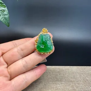 High-end 18K Yellow Gold Burmese Green Jadeite Jade Lotus Pendant with Diamond