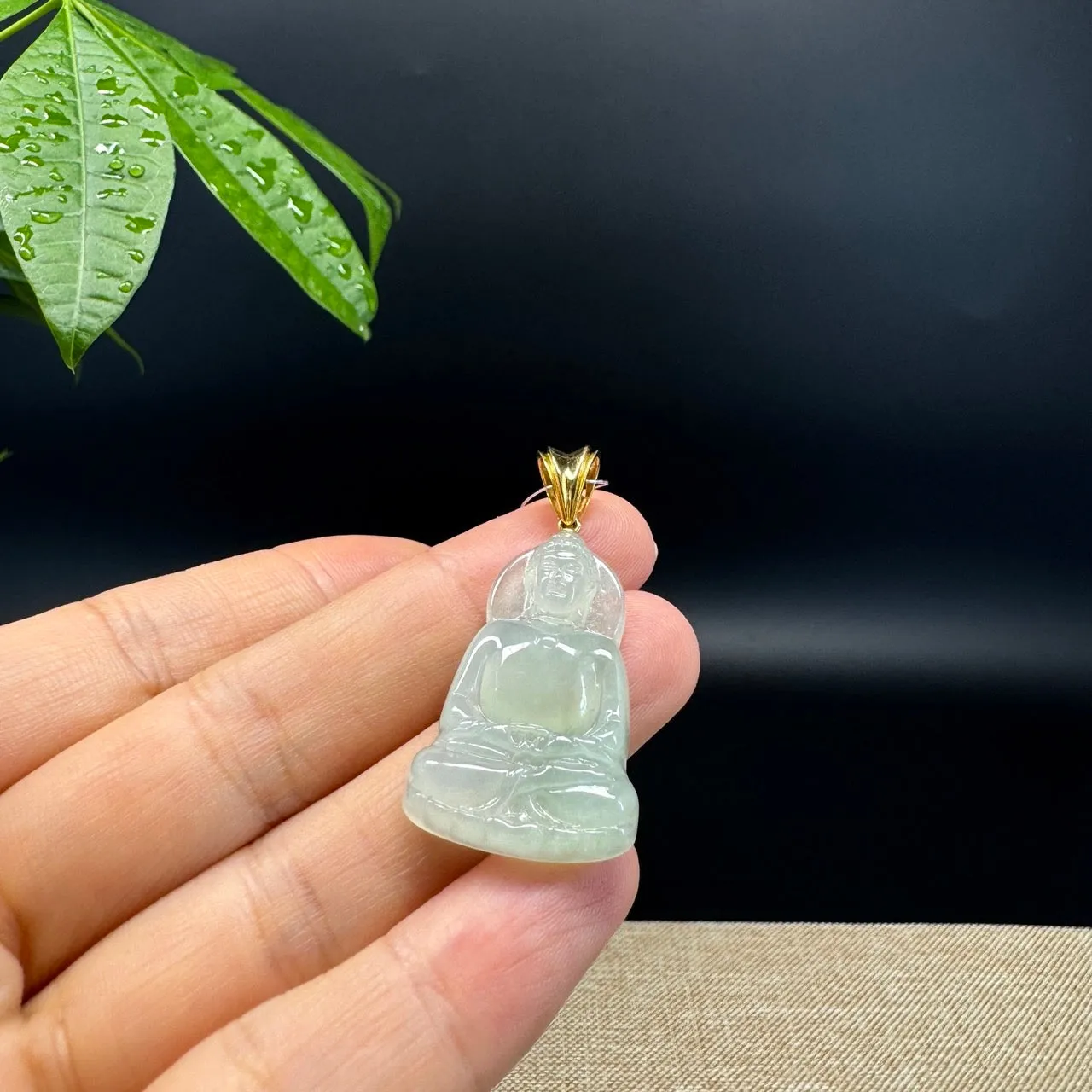 High-end 18K Yellow Gold Burmese Icy Green Jadeite Jade Guanyin Pendant