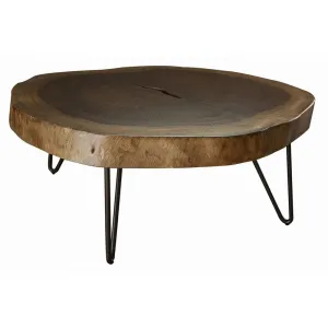 Hito 44in Coffee Table, Black Metal Legs, Live Edge Brown Solid Parota Wood By Casagear Home