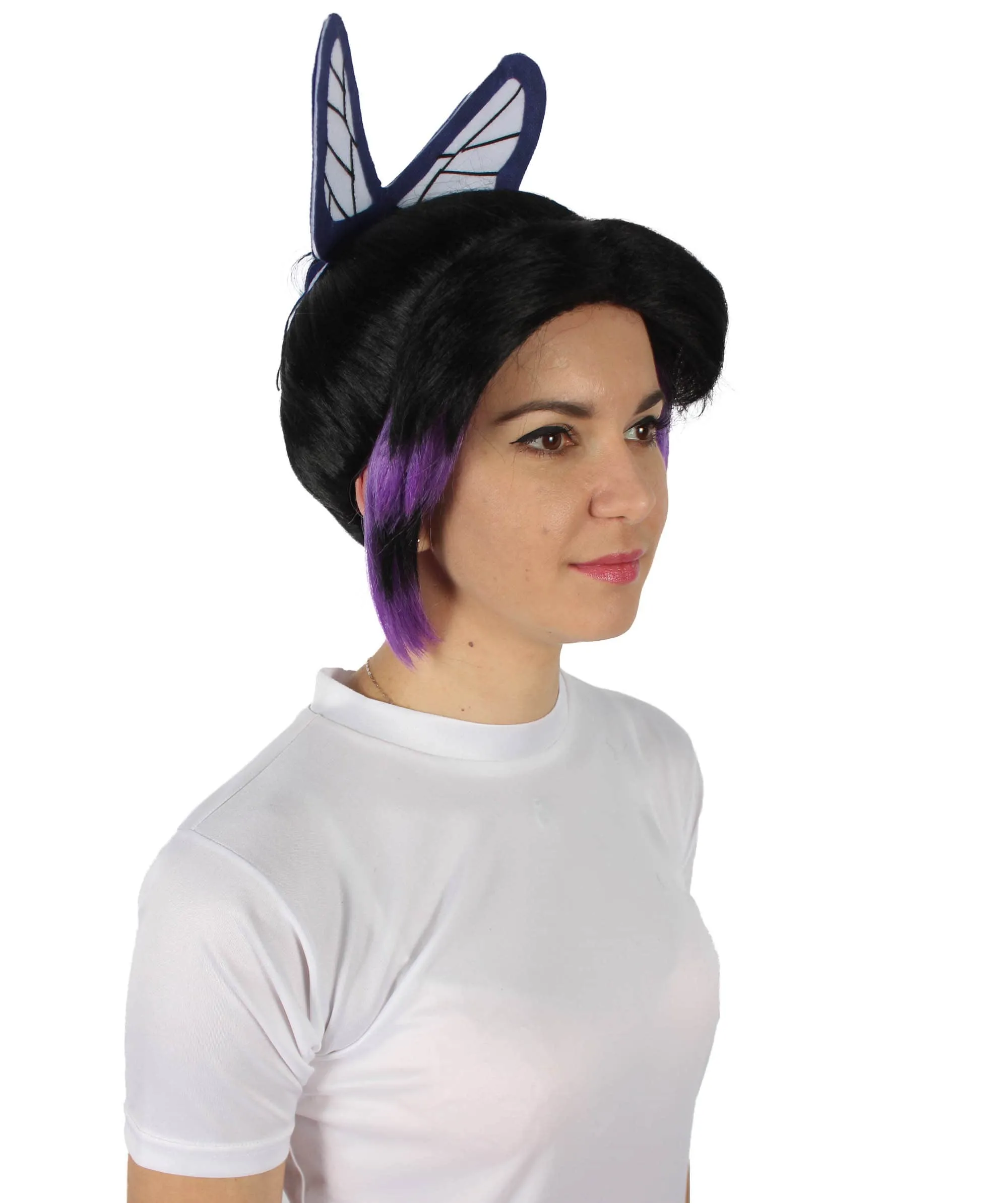 HPO Adult Women's Demon Hunter Black and Dark Purple Wig & Butterfly Accessory