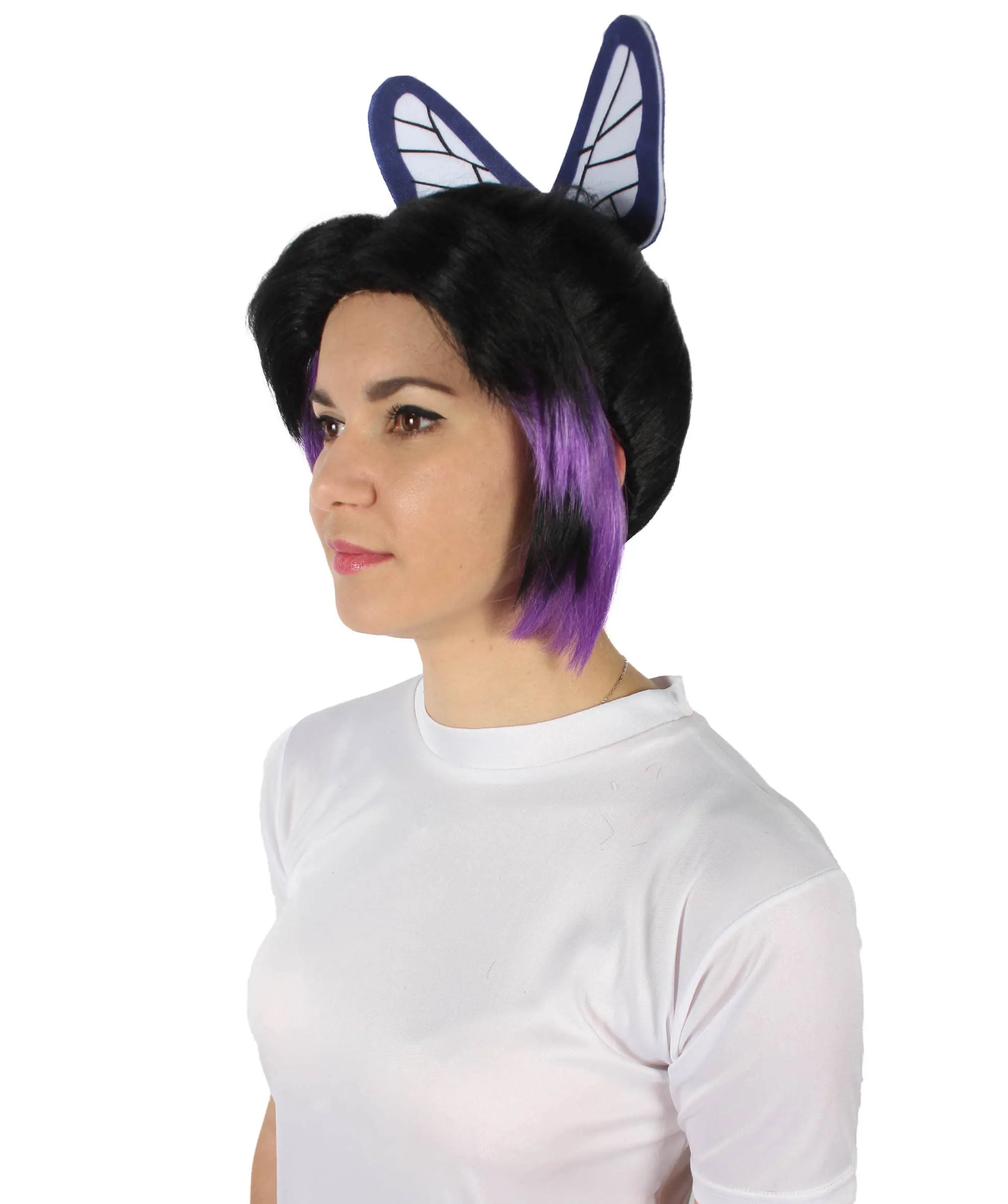 HPO Adult Women's Demon Hunter Black and Dark Purple Wig & Butterfly Accessory