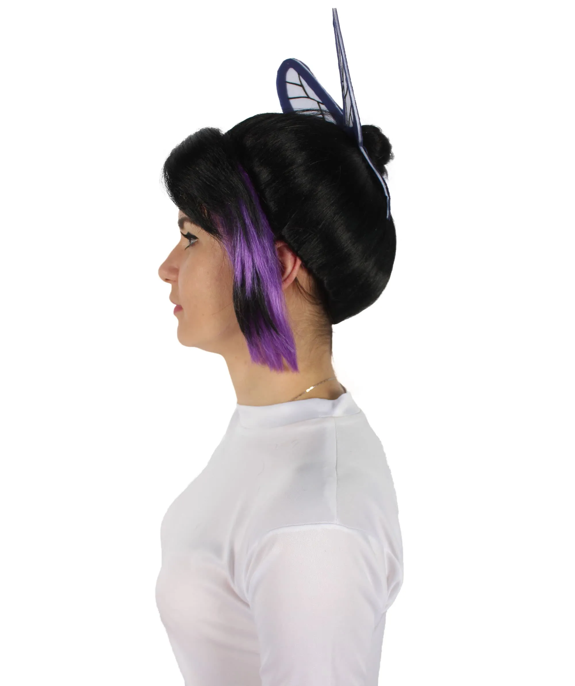 HPO Adult Women's Demon Hunter Black and Dark Purple Wig & Butterfly Accessory