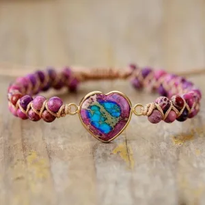 Jasper Heart Charm Braided Bracelet - purple