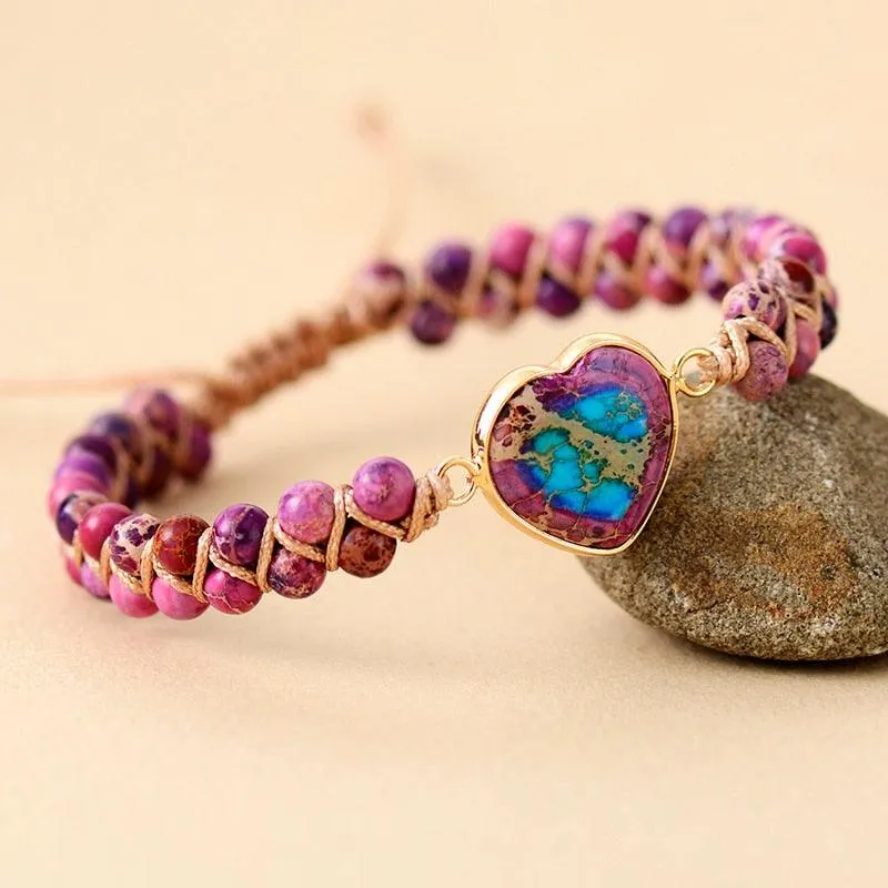 Jasper Heart Charm Braided Bracelet - purple